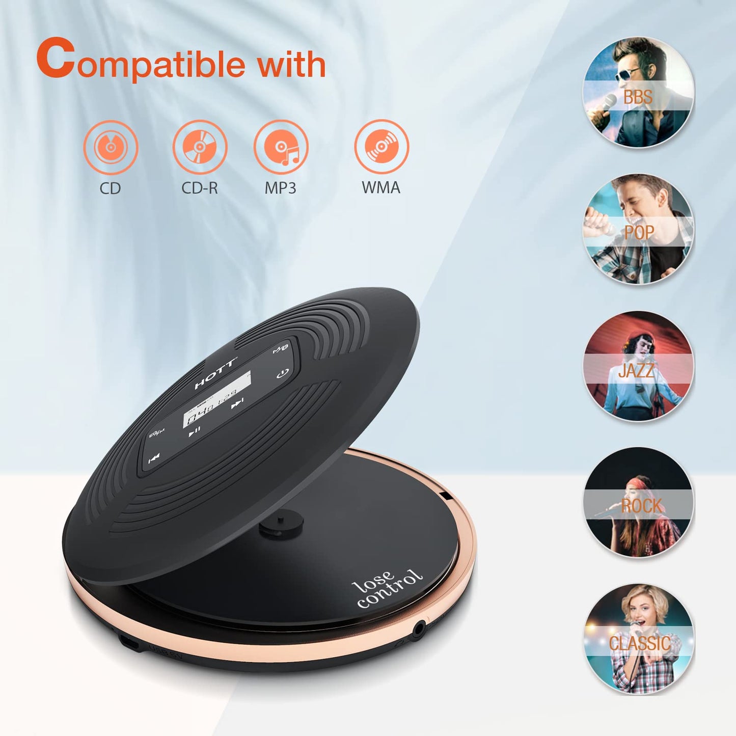 HOTT Portable CD Player with Bluetooth and FM Transmitter,Portable CD Walkman with Touch Buttons Backlight,Rechargeable Discman Player with AUX Cable,CD Player Shockproof for Car CD903TF