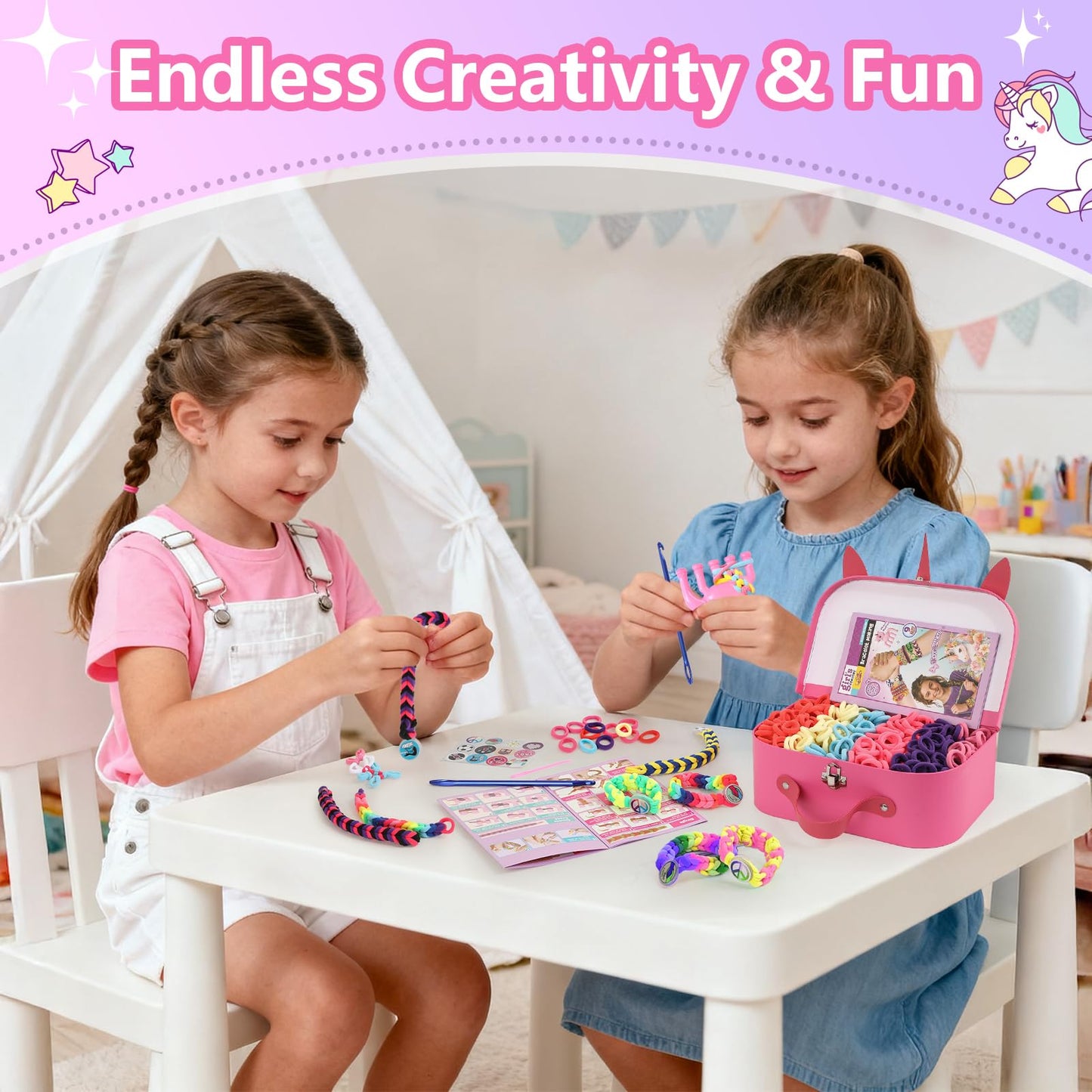 Bracelet Making Kit Gift for Girls Ages 8-12, 1200 Colorful Elastic Cloth Rubber Loom Bands Weaving Loom Bracelet Kit DIY Arts and Crafts Kit Toys Gifts for Girls 6 7 8 9 10 11 12 13 Year Old