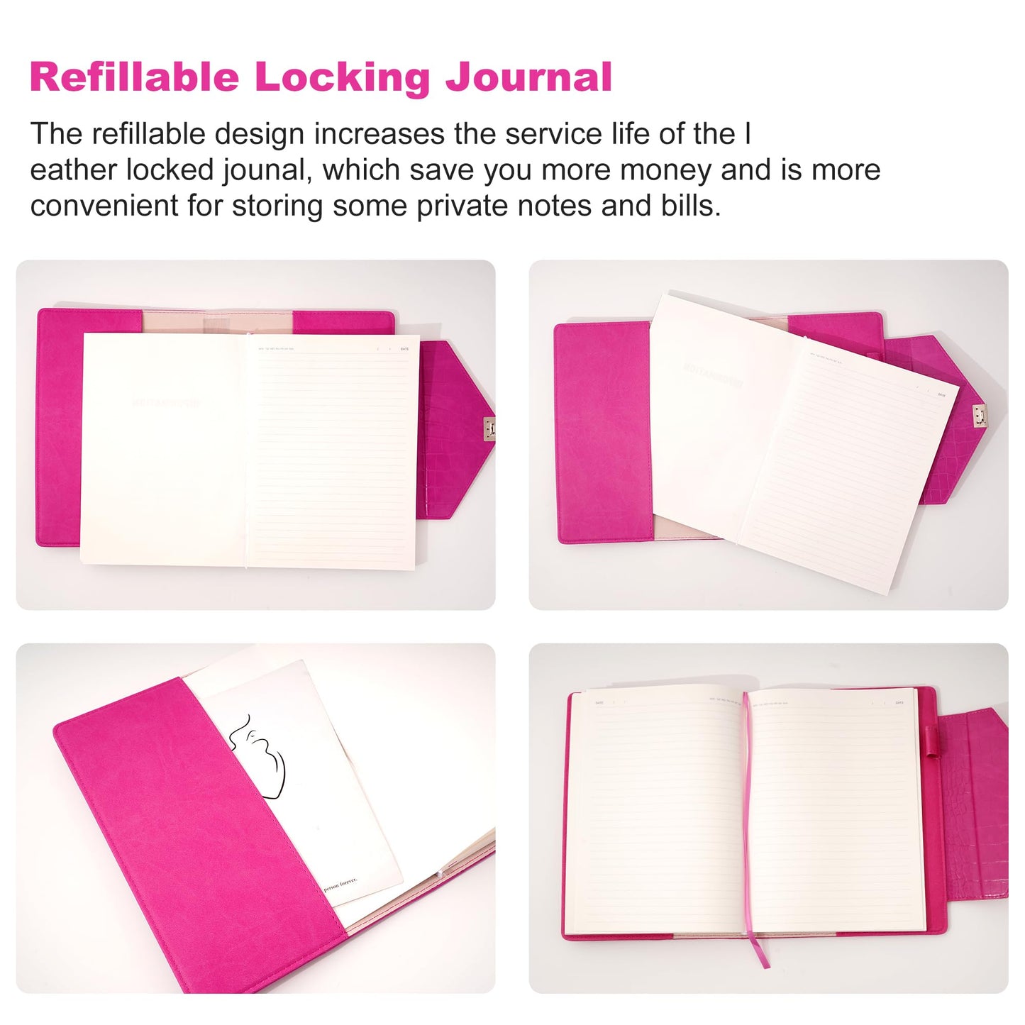 CAGIE Diary for Women Gift, 7.5 x 10 Inch Large Journal with Lock More Secure，220 Pages Refillable Journal for Writing, Business Birthday Gift for Women, Rose Red