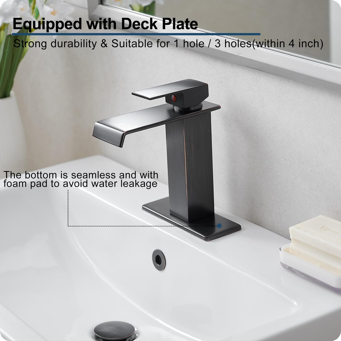 HOIGY Oil Rubbed Bronze Bathroom Faucet Waterfall Faucet, Brass Single Handle Bathroom Sink Faucet 1 Hole or 3 Holes, 4 Inch Bathroom Faucets with Deck Plate & Pop-Up Drain for Farmhouse Quick Install