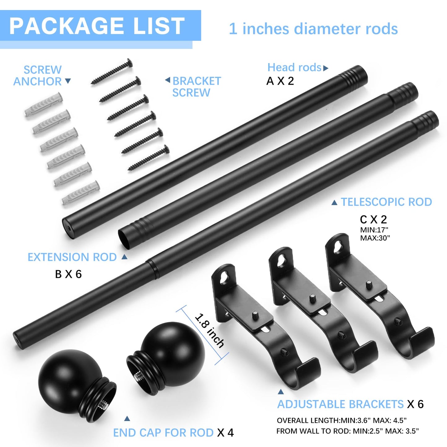 AMZSEVEN Curtain Rods for Windows 16 to 76 Inches, Curtain Rod Max Adjustable Length of 88 IN, 1" Diameter Drapery Rods Round Finials, Black, Pack of 2