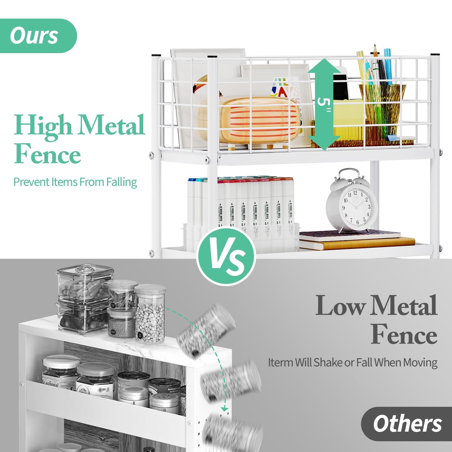 KINGRACK Slim Rolling Storage Cart 4 Tier - Heavy Duty Metal Utility Cart with Raised Edge & Wheels, Narrow Mobile Organizer Shelves for Bathroom, Kitchen, Laundry, Office, Living Room, White