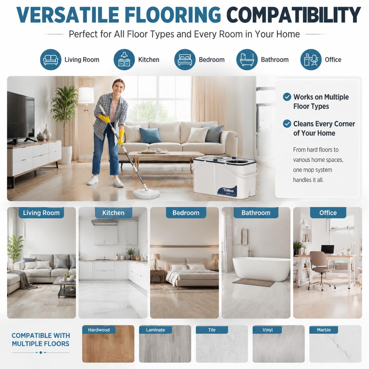 Gen 1 Large-Capacity Spin Mop and Bucket – for Big Homes & Deep Cleaning Days,4-Chamber System Separates Dirty & Clean Water, 2-GAL Heavy-Duty Design with Wheels & 6 Refill Mop Heads - White/Grey