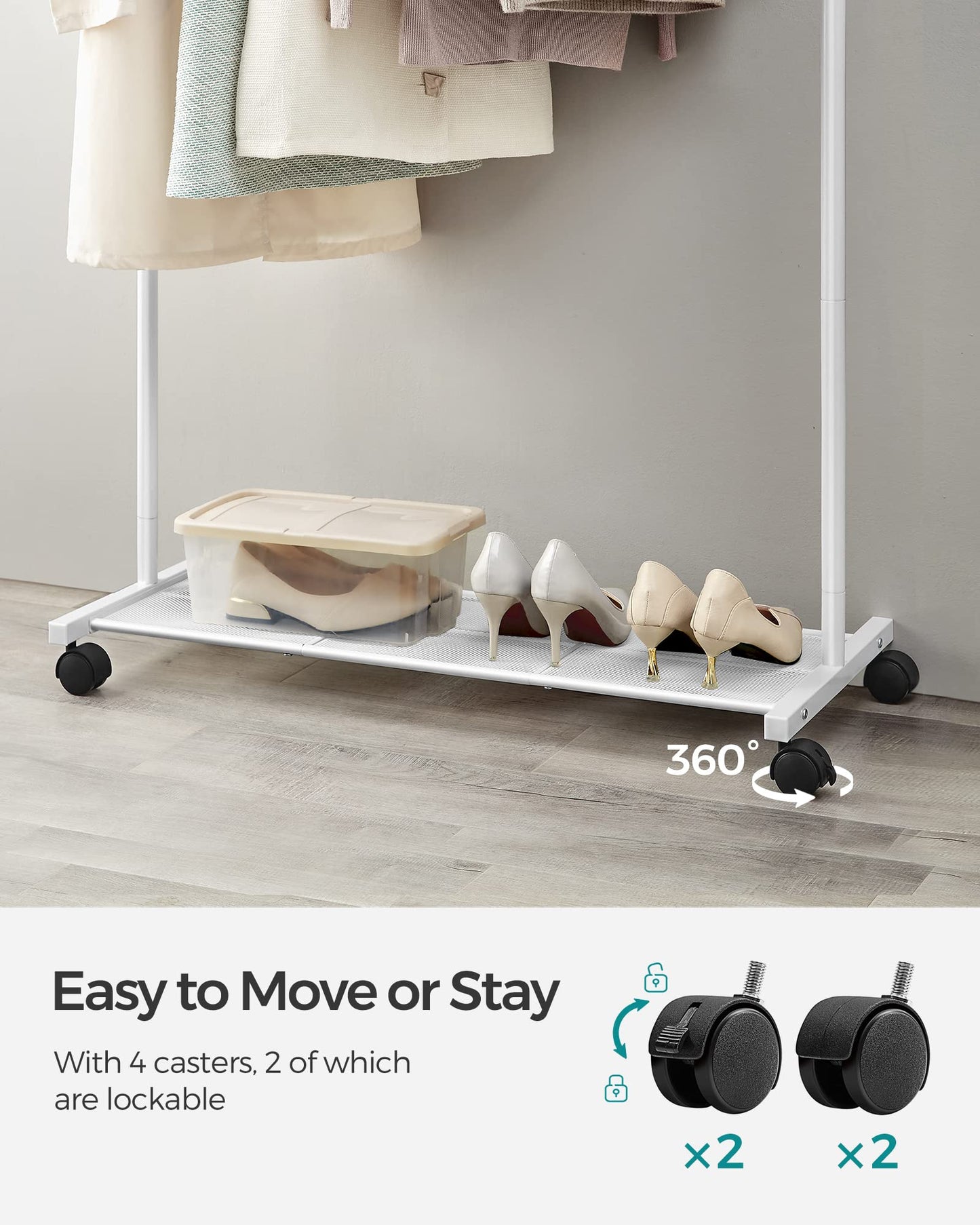 SONGMICS Clothes Rack with Wheels, Clothing Rack for Hanging Clothes, 25.4 mm Metal Garment Rack with Dense Mesh Storage Shelf, 110 lb Load Capacity, 2 Brakes, Cloud White UHSR025W01