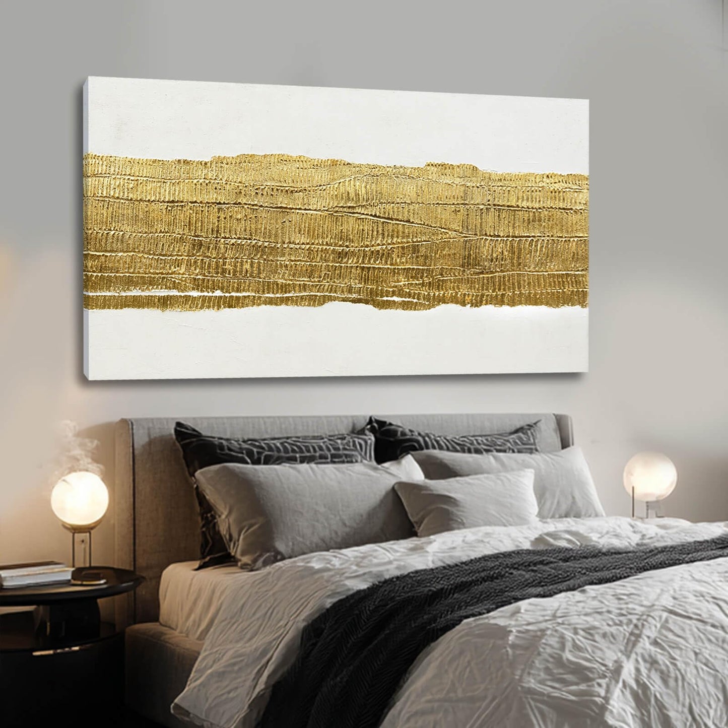 Kureful White and Gold Home Wall Decor Line Wall Decorations Modern Wall Art 24"x48" Decorative Painting for Bedroom Kitchen Pictures