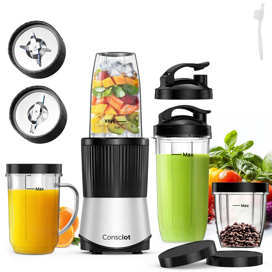 Consciot CB08 16-Piece Blender & Grinder Combo for Kitchen and Personal Size, Blend Shakes and Smoothies, Frozen Drinks, Baby Food, Spreads & More, 4 BPA-Free Portable To-Go Cups, 900 Peak Watts