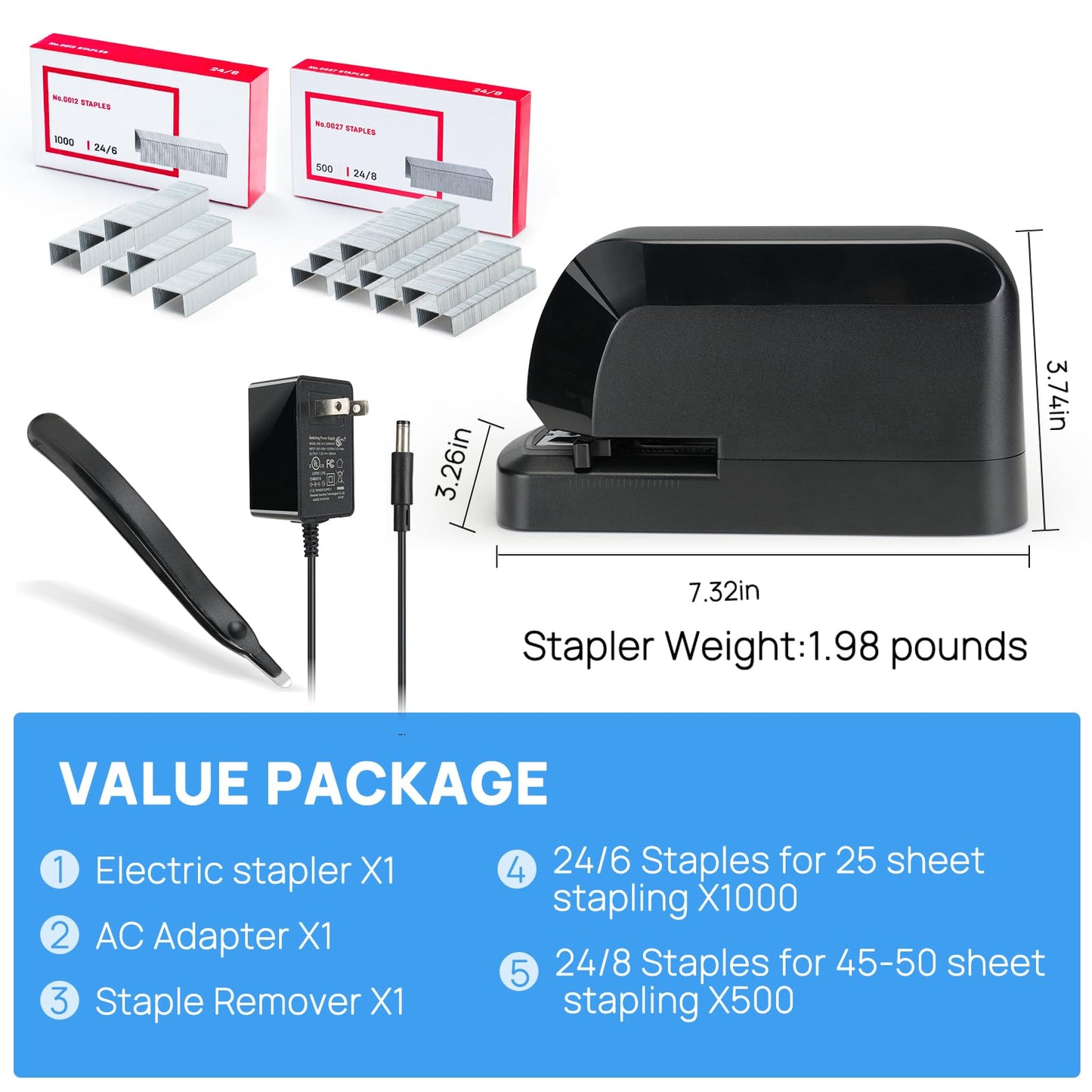 Electric Stapler for Desk Value Pack, 45 Sheet Capacity, Includes 1500 Staples & Staple Remover, No-Jam, Faster Stapling, AC Adapter Powered, Black