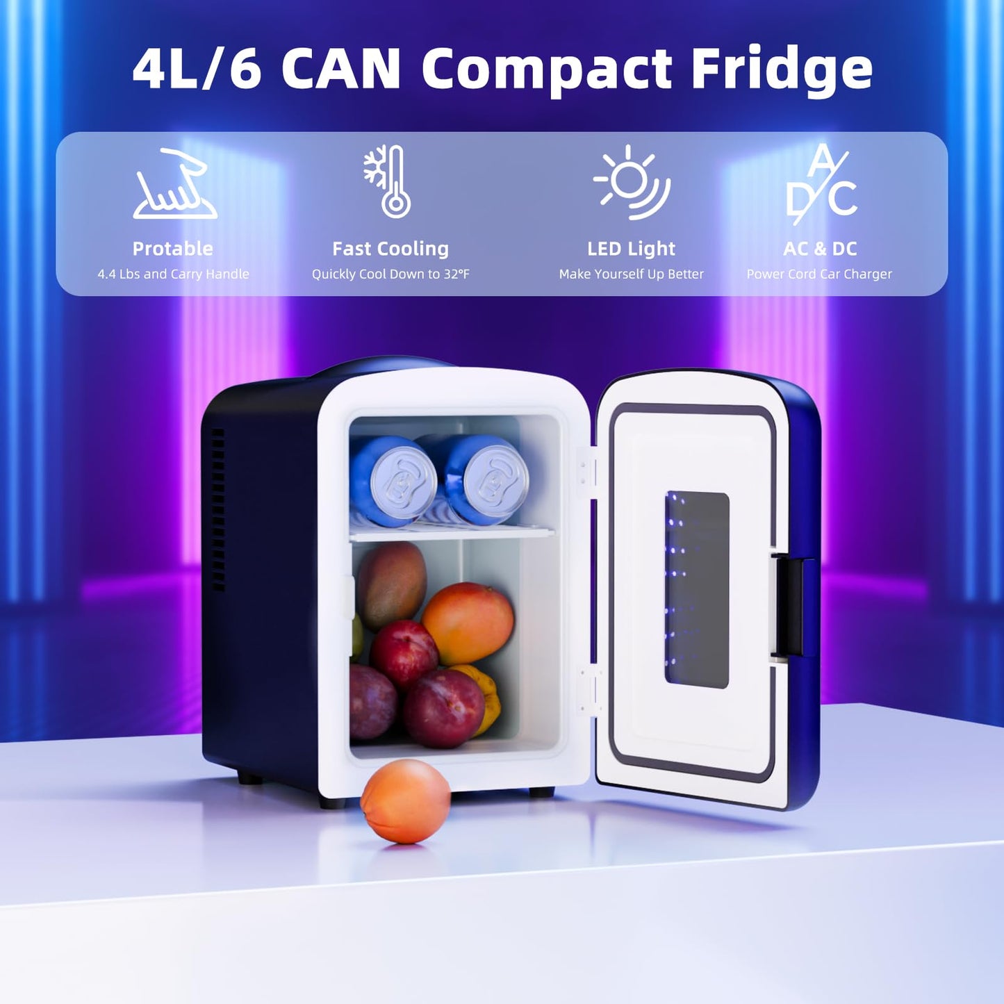 Antarctic Star Mini Compact Refrigerator with Gaming Light, 4L Capacity/6 Cans Portable Mini Fridge, for Bedroom,Car,Office and Dorm, Small Cooler for Cosmetics, Beverage and Food, Black
