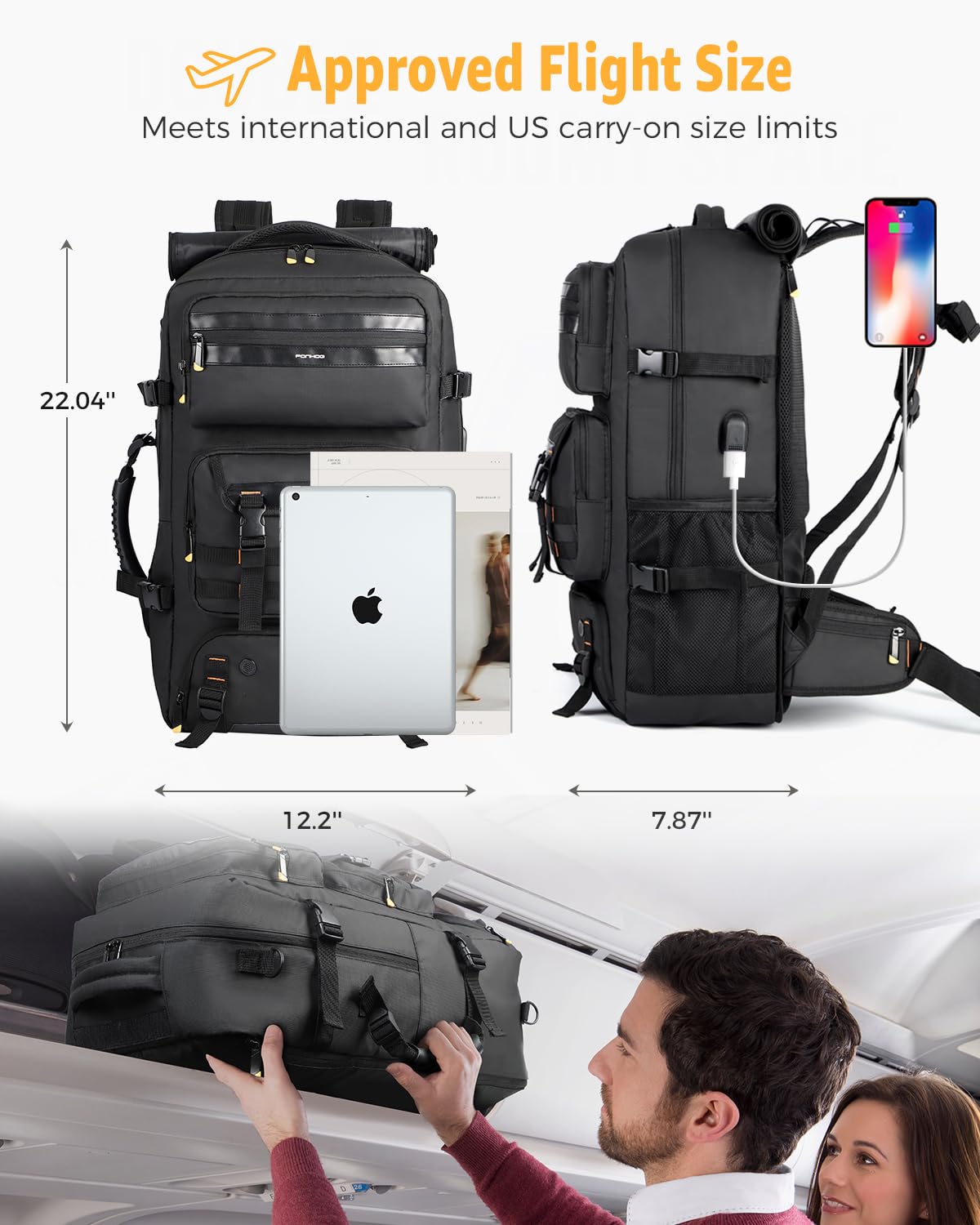 Ponhog Travel Backpack for Men, 50L Carry On Flight Approved Convertible Duffle Bag with Shoe Compartment, 17 inch Laptop Luggage with USB Charging Port for Weekender Hiking, Black