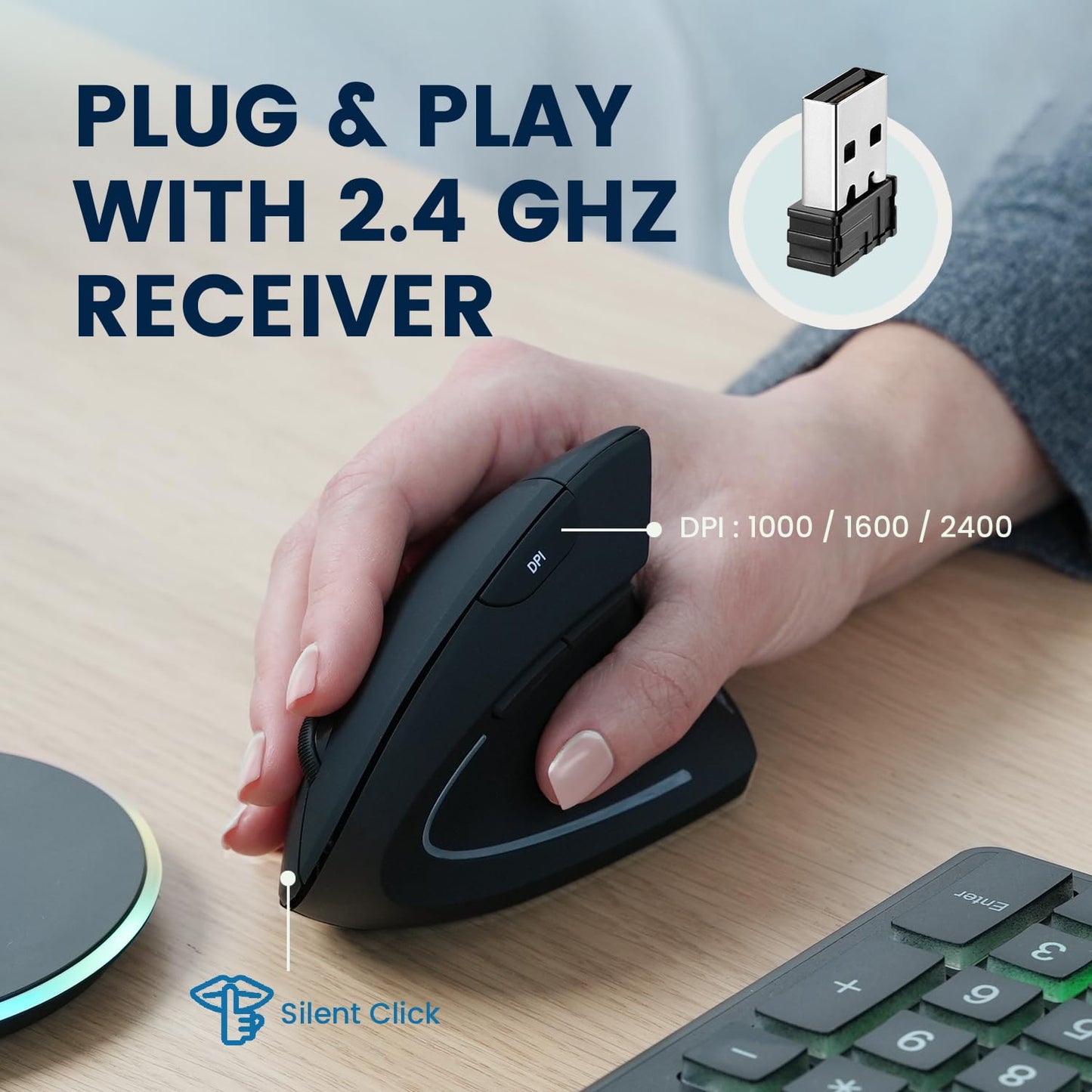 Perixx PERIMICE-713RX Wireless Rechargeable Vertical Mouse - Duo Wired and Wireless Charging Feature - Charging Pad Included - 6 Buttons Design - Black - Right-Handed Design