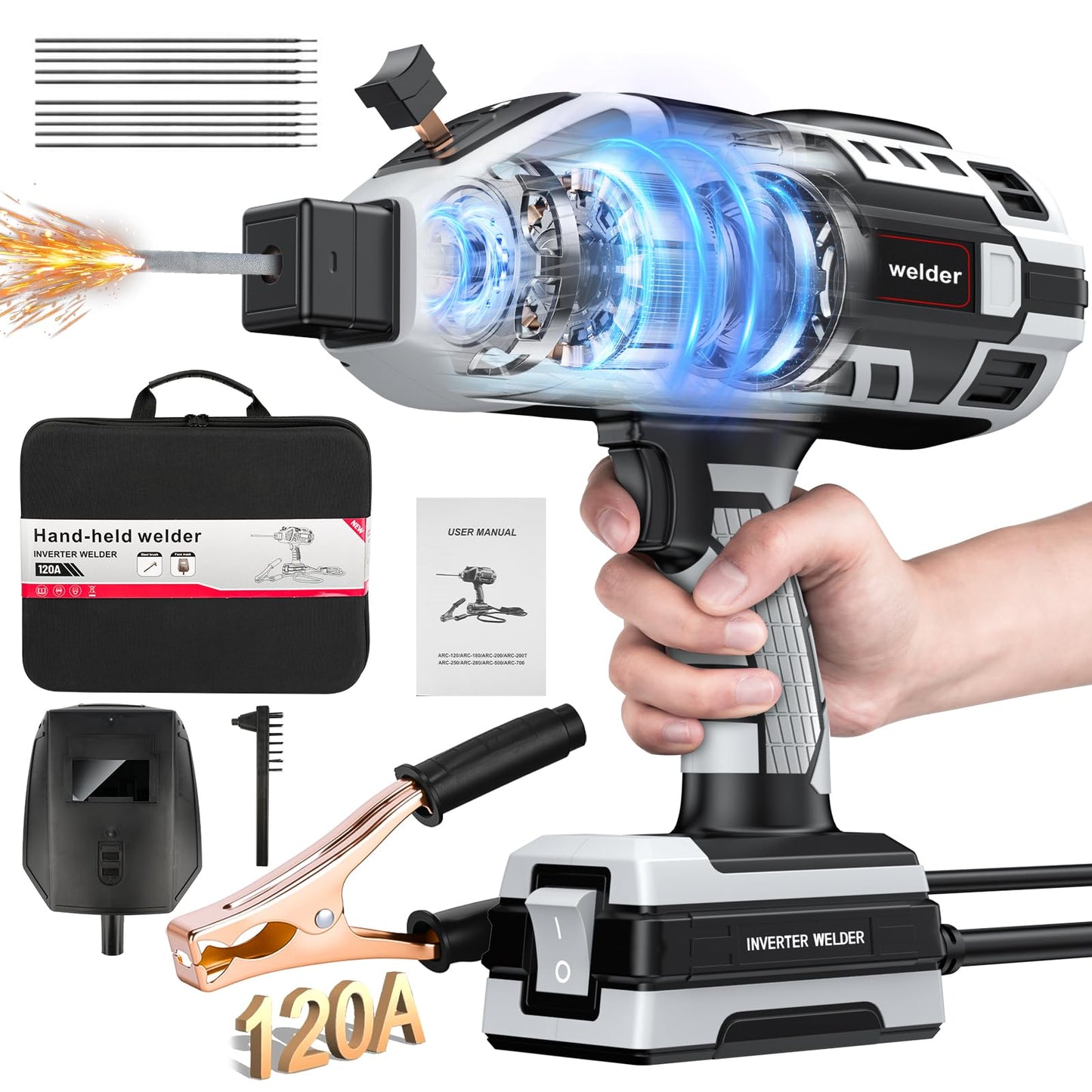 Portable Handheld Welding Machine - 110V IGBT Inverter Handheld Welder, 20-120A Portable ARC Welder, Hot Start & Anti-Stick for 3/32"-1/8" Welding Rods, Father's Day Gift for Men(Grey)