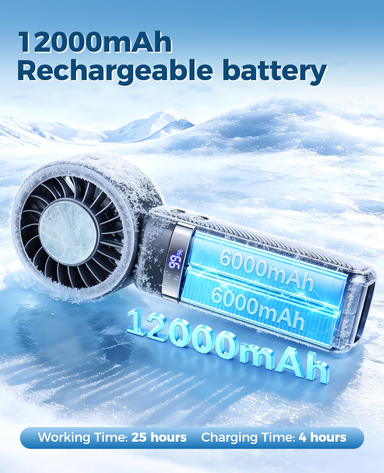 【2026 Upgrade】12000mAh Ice Cooling Portable Handheld Fan with 12W Fast Charging Personal Fan 25H Working Time 100 Speeds Turbo Fan Cooling Fan 3-in-1 Desk Fan Rechargeable for Travel,Camping(Black)