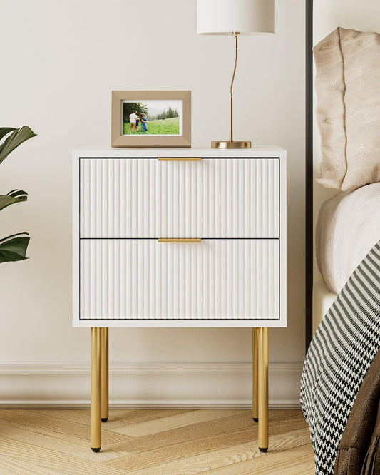 Aienvey Night Stand, Modern Nightstand with Drawers, Bedside Table, Gold Small Side Table for Bedroom, Living Room End Table (White Stripe, 2 Drawers)
