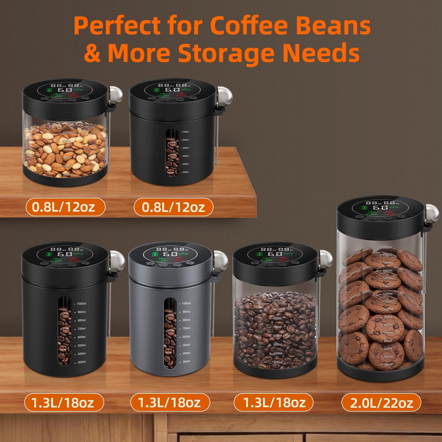 Automatic Vacuum Coffee Canister, 1.3L Coffee Container with Smart Pressure Sensor,LED Display,Window,Scoop Rechargeable Airtight Electric Coffee Bean Storage for Home Kitchen Ground Food Tea Storage