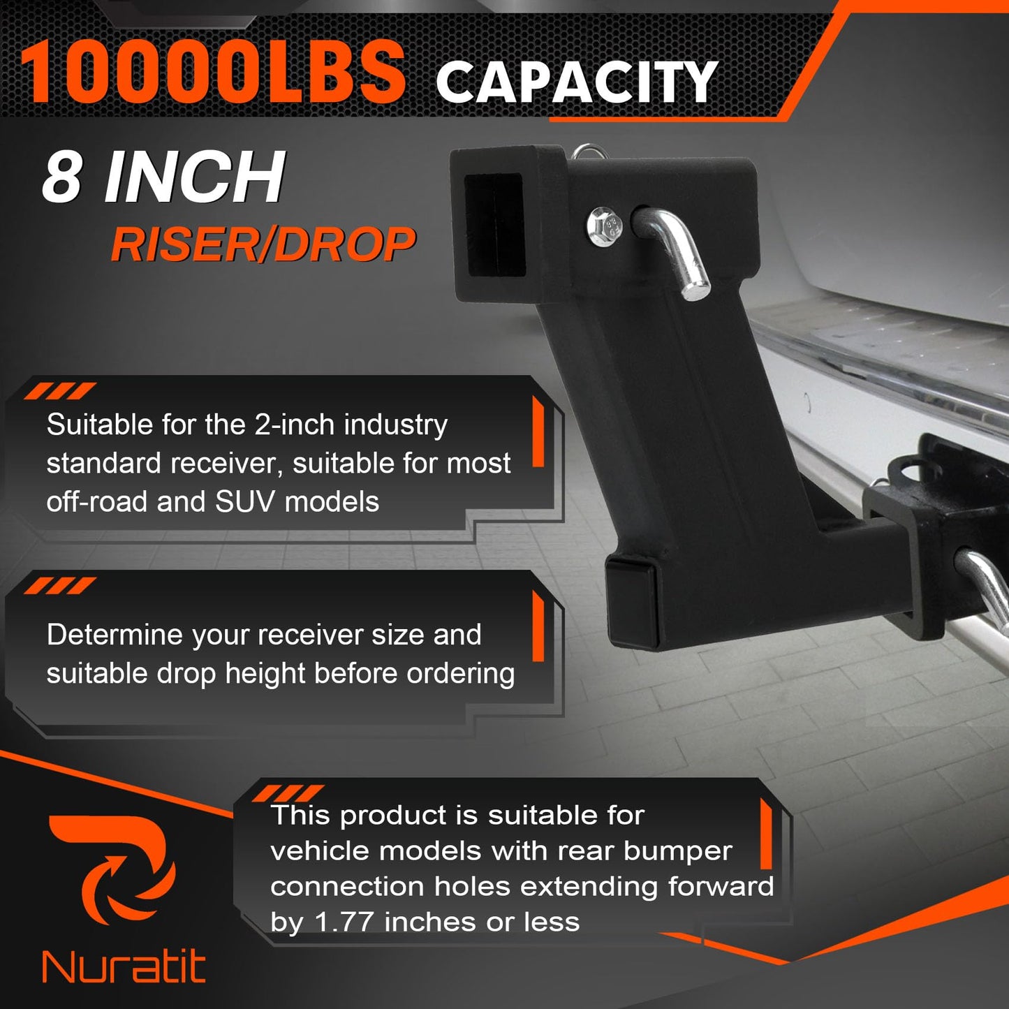 10000lbs 8-Inch Hitch Receiver Extension Riser, 2 Inch Receiver with 8 Inch Drop, Adjustable 9" or 11" Length, Dual Pinhole Design, 3-Pack Hitch Pins and Universal Trailer Cap, Black