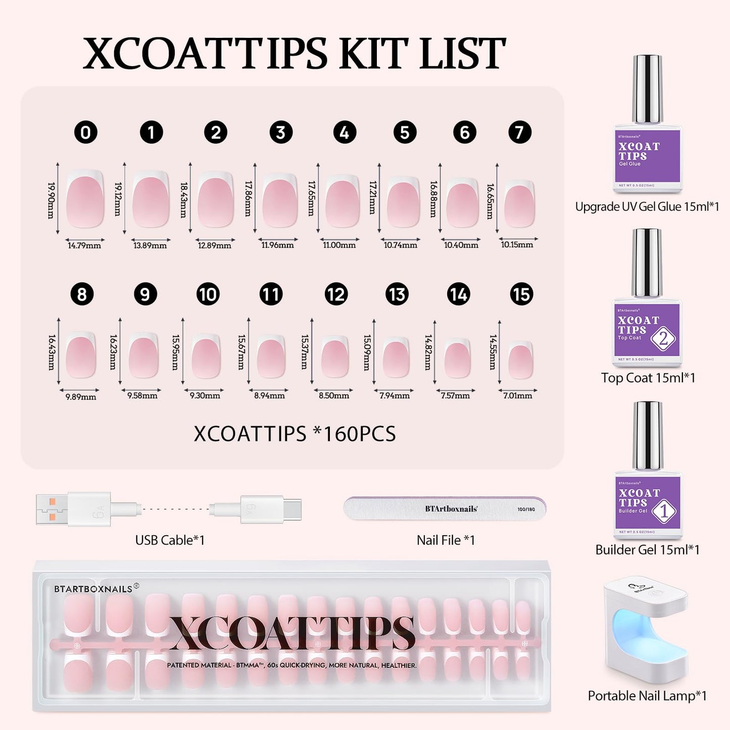 BTArtboxnails XCOATTIPS Gel Nail Kit - Short Squre French Tip Press on Nails Kit, Pink Soft Gel Nail Tips with Nail Gel, French Protecing Duo and Nail Lamp for Nail DIY