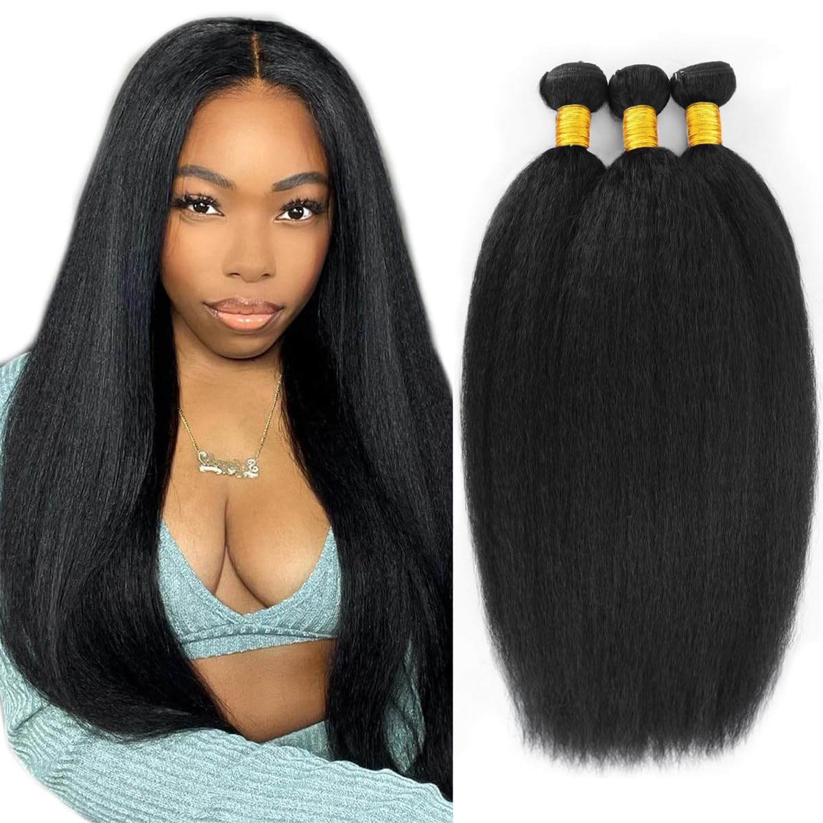 Kinky Straight Bundles Human Hair 18 20 22 Inch Yaki Straight Bundles Kinkystraight Human Hair Bundles 12A Brazilian Virgin Human Hair Bundles For Black Women Black Raw Remy Hair Extension 3 Bundles