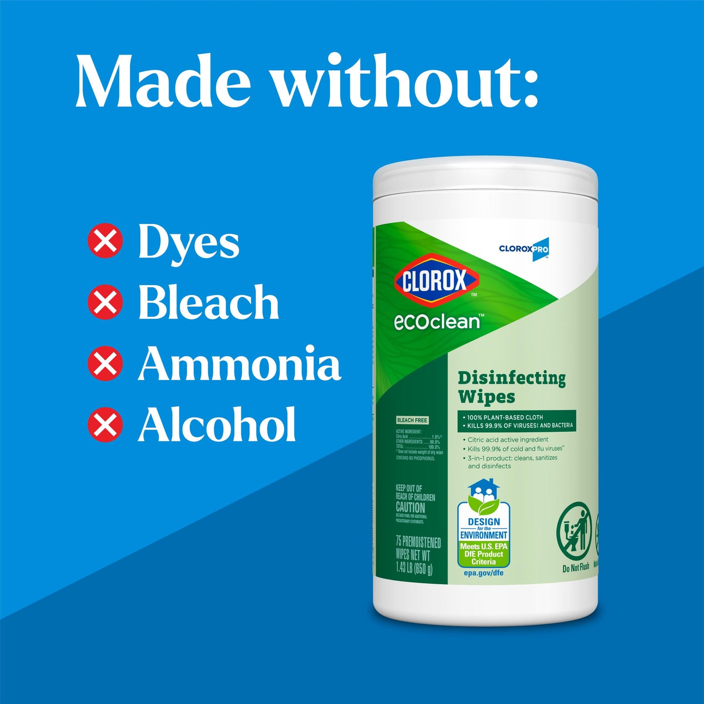 CloroxPro Clorox EcoClean Disinfecting Wipes, Multipurpose 100% Plant Based Cleaning Cloths, Antibacterial Disinfectant, Safe for Multi Surface Use, 75 Count (Pack of 6)