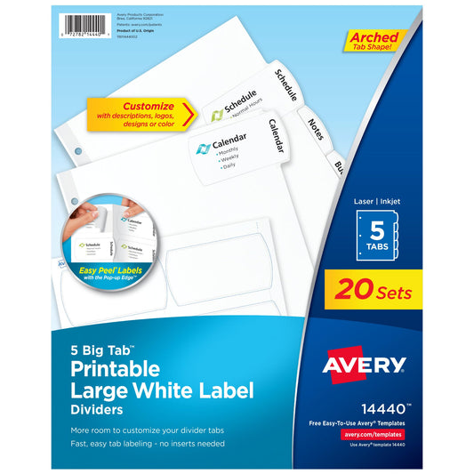 Avery Big Tab Printable Large White Label Dividers for 3 Ring Binders, 5 Tabs per Set, White, Great for Office Supplies, School Supplies, Organizing, and More (20 Sets of 14440)