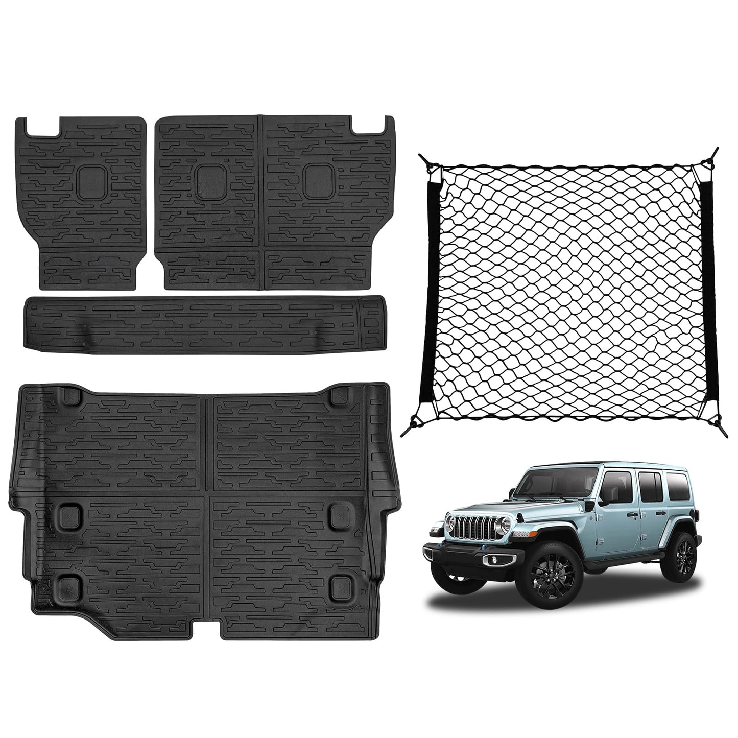 JTYZSM Cargo Mats with Net for 2021-2025 Jeep Wrangler JL Unlimited 4XE Accessories All Weather Protection Rear Seat Back Cover Trunk Liner Cargo Net for 21-25 JL JLU 4XE 4 Door(Not for 4X4)