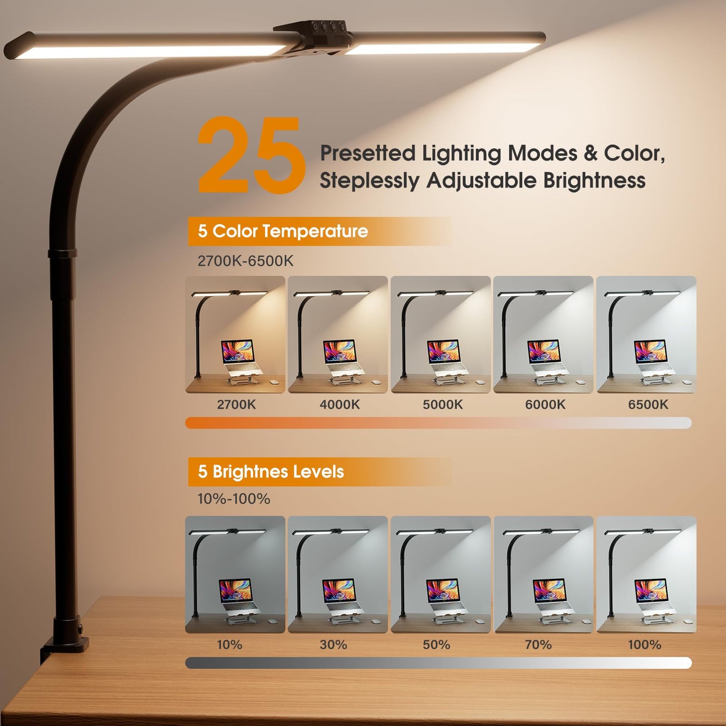 SIBRILLE LED Desk Lamp for Home Office - Dimmable Computer Desk Light with Clamp, Modern Architect Task Lamp with Color Changing, Flexible Desktop Lamp with Gooseneck for Monitor, Double Head, Black