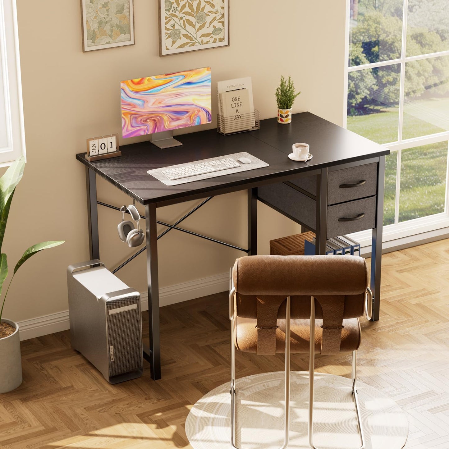 Sweetcrispy 40 Inches Computer Desk with Drawers Home Office Writing Table X-Shaped Reinforcement Modern Work Surface Side Hook Sturdy Metal Frame Large Space Storage Organization Black