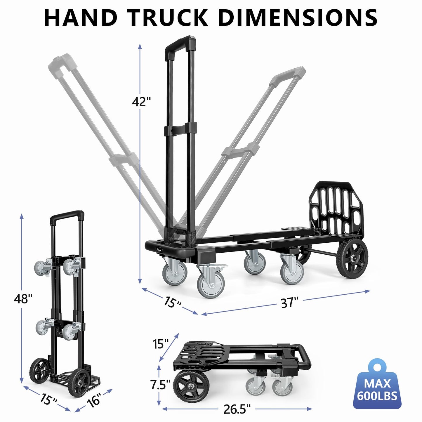 KEDSUM 3-in-1 Folding Hand Truck, 600LBS Heavy Duty Dolly Cart with Wheels, Six Wheels and Two Wheels Convertible Dolly Cart for Office,Home Moving, Simple Conversion