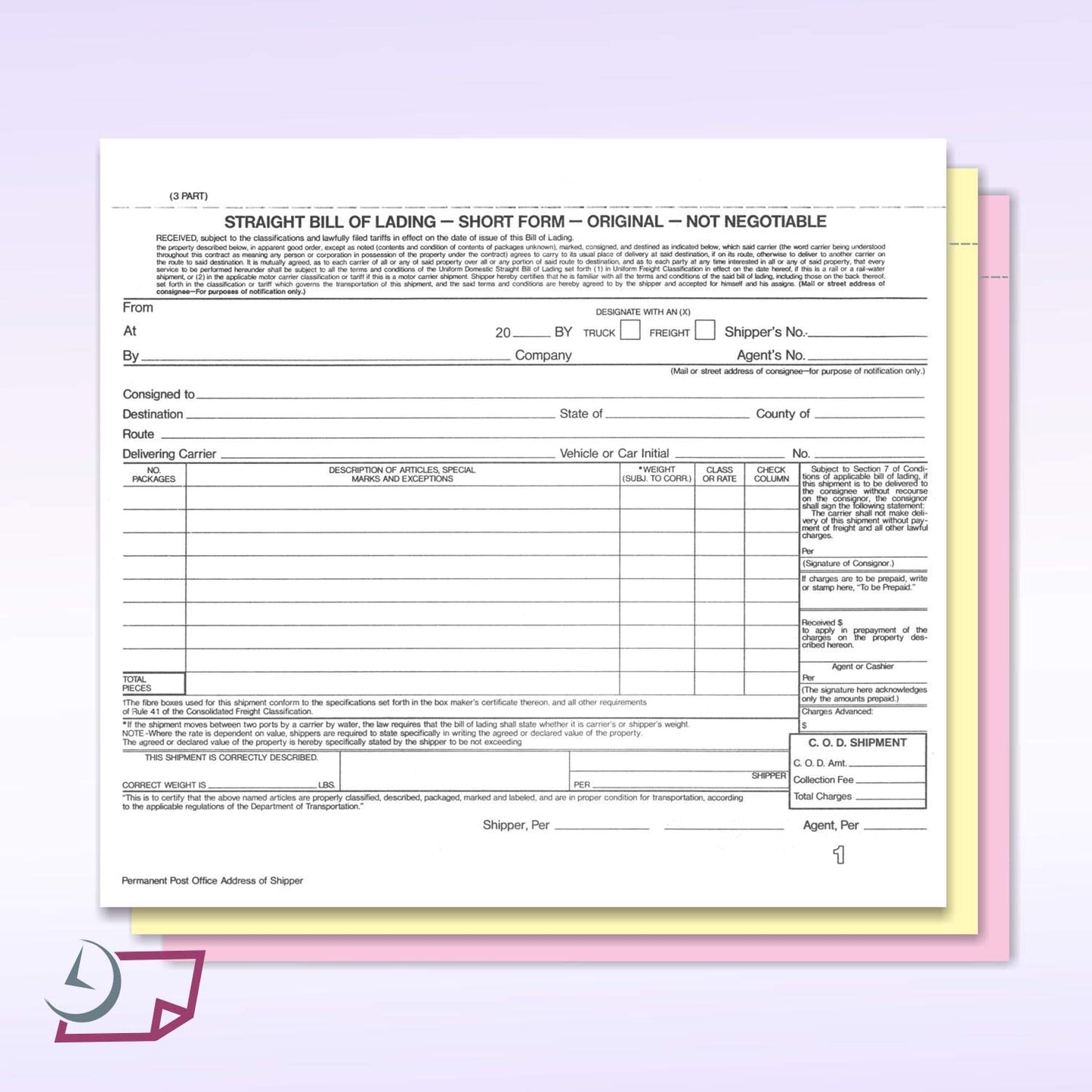 NextDayLabels - Short Form Straight Bill of Lading, 8-1/2 x 7", 3 Part NCR Carbonless White/Canary/Pink, 200 Sets