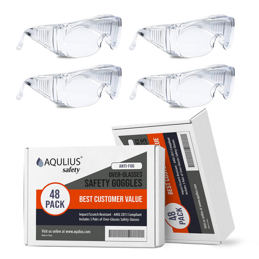 Aqulius 48 Pack Safety Glasses Over Eyeglasses (Anti-Fog & Scratch Resistant) Crystal Clear Eye Protection - OTG Safety Goggles - Protective Eyewear