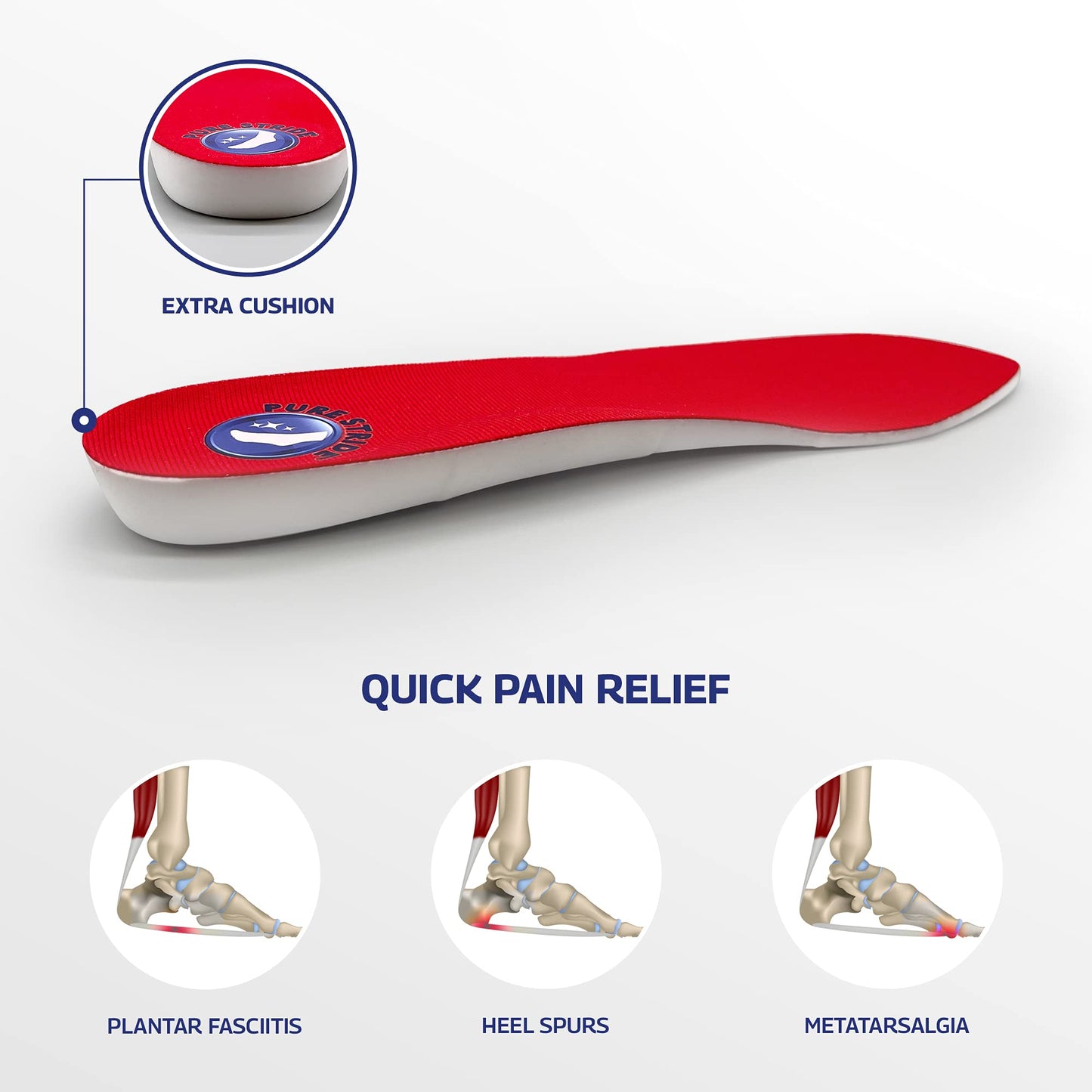 Pure Stride Professional Full Length Insoles, Comfort Insoles, Shoe Insert & Support for Metatarsals, Flat Feet - Pain Relief for Plantar Fasciitis, Arch, Heel - 1 Pair, Men's 3-3.5, Women's 5-5.5