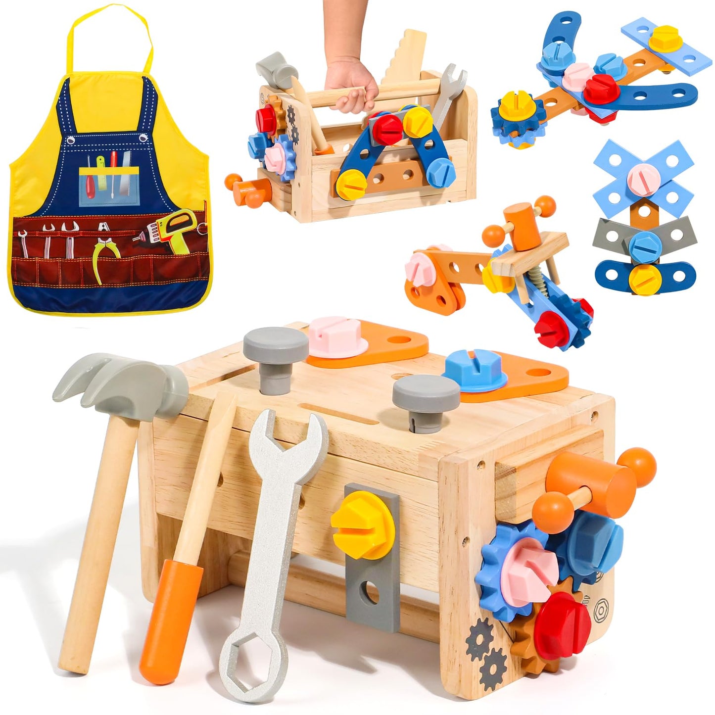 TONZE Kids Tool Set with Apron Wooden Toddler Tool Bench Box Montessori Toys for 2 3 4 Year Old Boys Girls Educational STEM Building Toys Pretend Play Toddler Toys 3 to 5 Years Old Birthday Gift