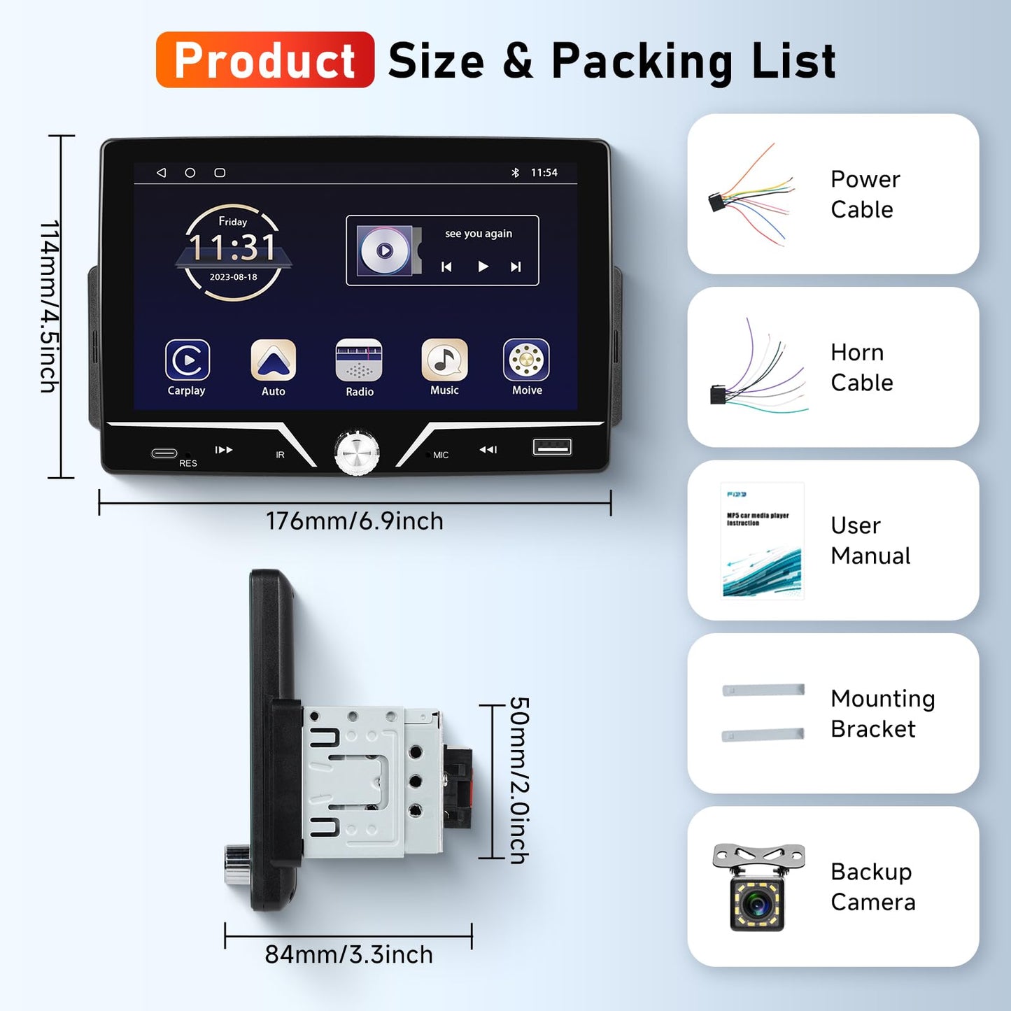 Single Din Car Stereo Carplay Android Auto, Driauto 7 Inch HD Touch Screen Car Radio with Bluetooth Single Din Mirror Link FM Radio with Backup Camera EQ, Car Audio Receiver Support USB/Type-C SWC