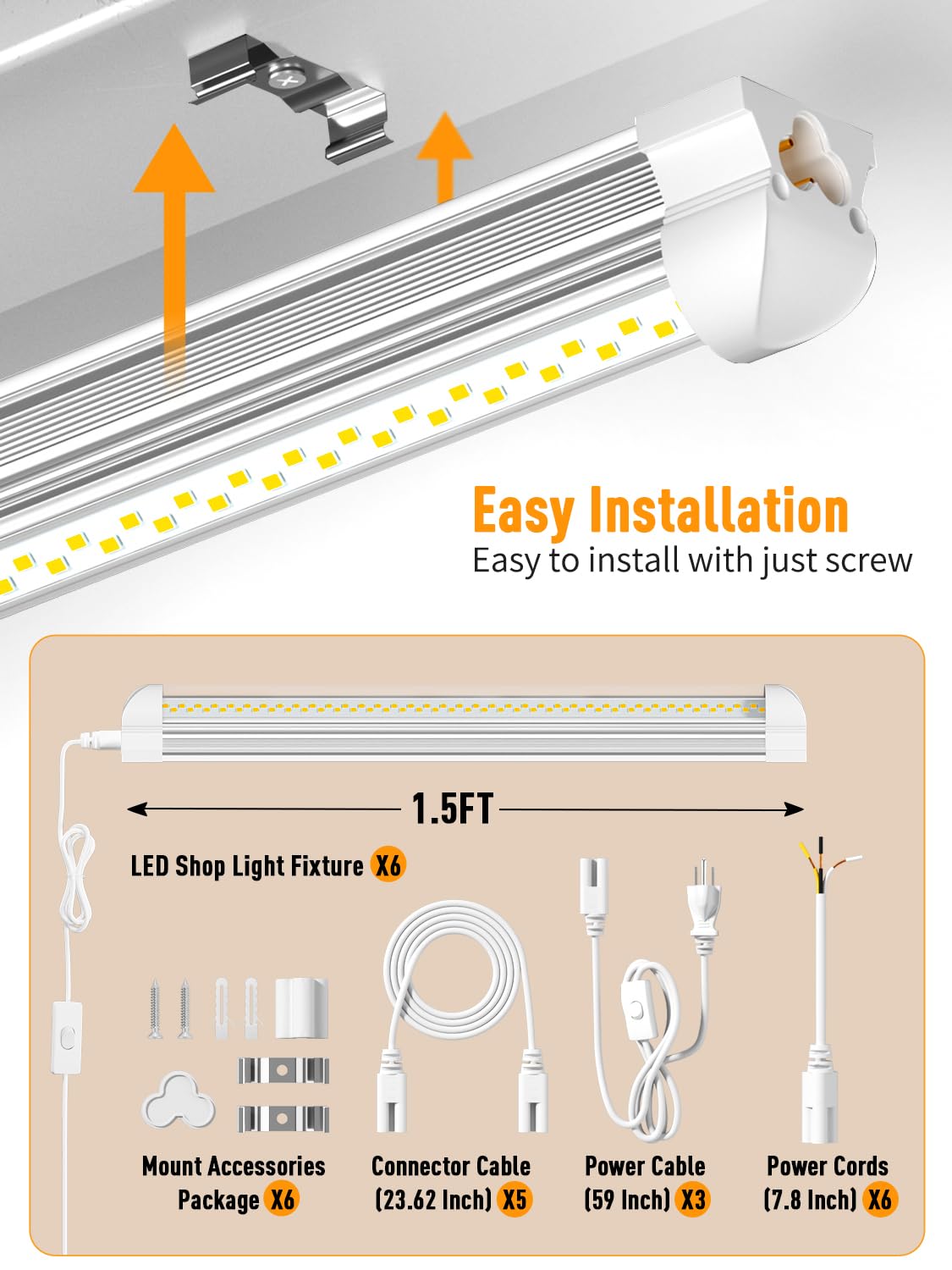OnlyLux LED Shop Light, 25W 3750LM 6000K Super Bright, Plug and Play, Linkable Utility Shop Lights for Garage, Cabinet, Workbench, Workshop (6 Pack)