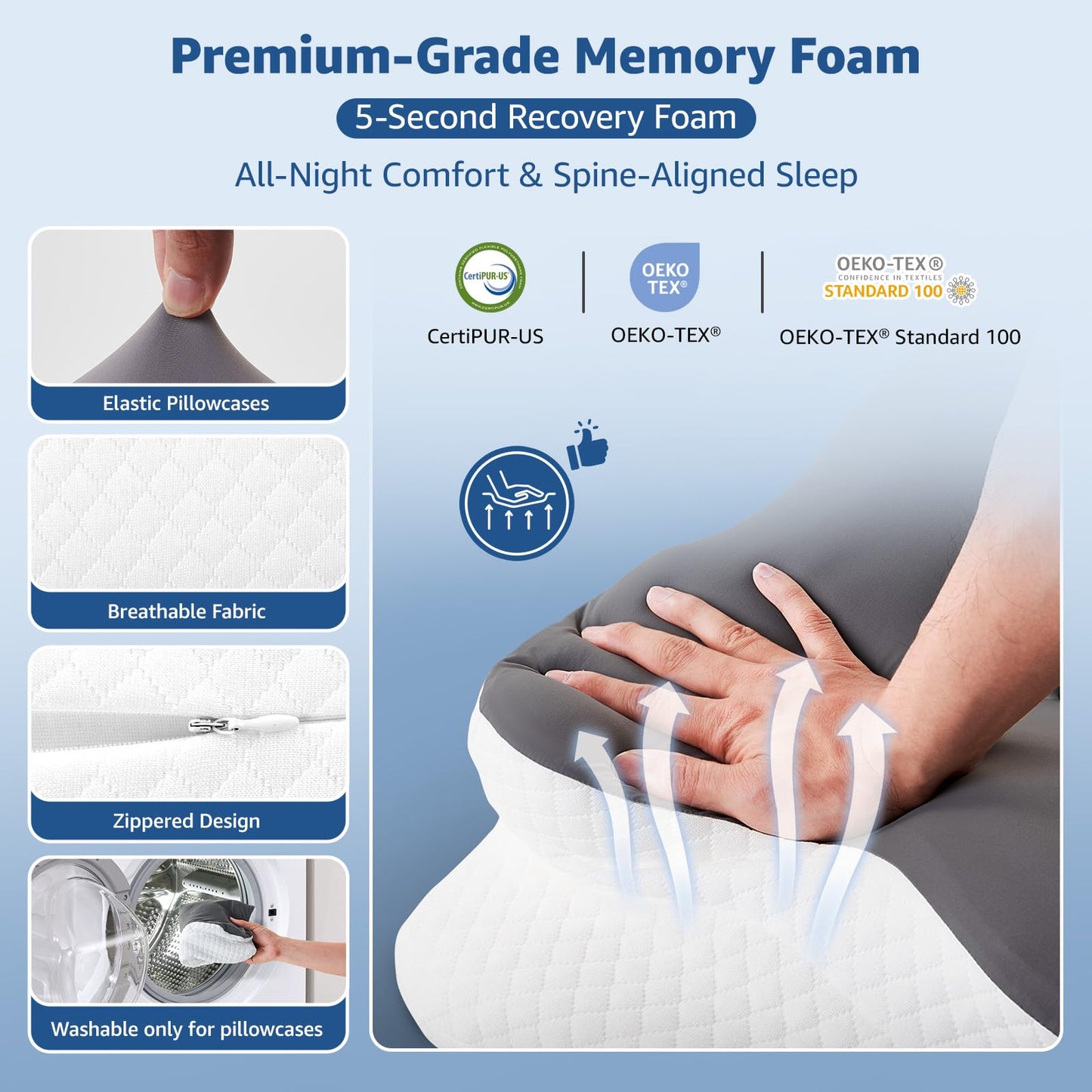 Cervical Pillow for Neck Support: Contour Memory Foam Pillow for Side Back Stomach Sleepers - Ergonomic Neck Pillow with 2 Heights & Widened Armrest Design