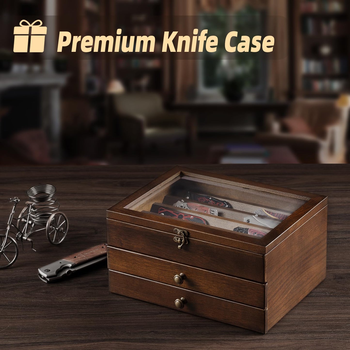 amoard Knife Display Case, Knife Collection Display Holder with Glass Lid, 2-Layer Wooden Pocket Knife Case with Drawers