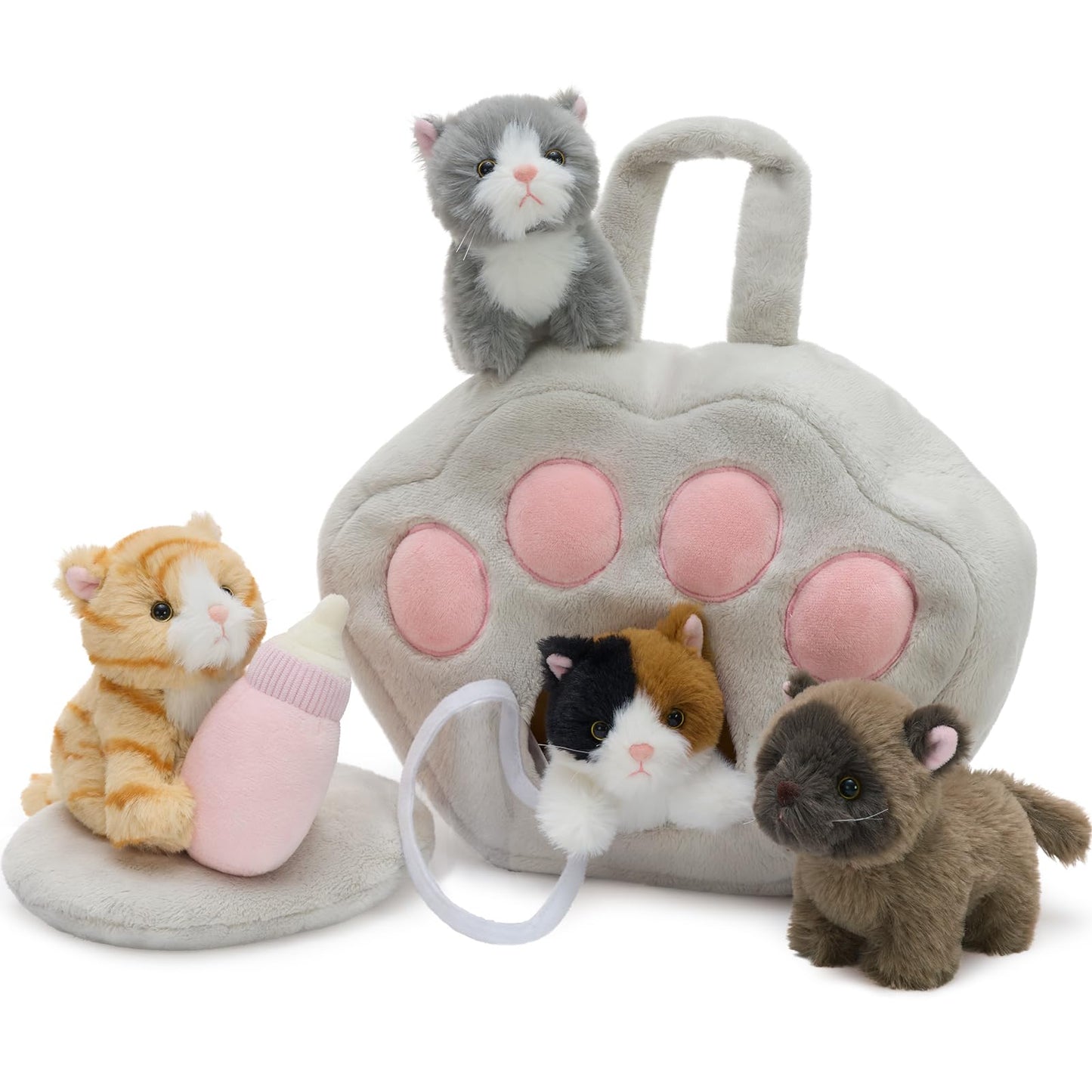Tezituor 7Pcs Cat Stuffed Animal Set,Plush House with 4 Soft Realistic Kitten Toys,Cats Plushies for Kids Christmas Birthday Halloween Pet Gift – Interactive & Travel-Friendly Kitties Carrier Playset