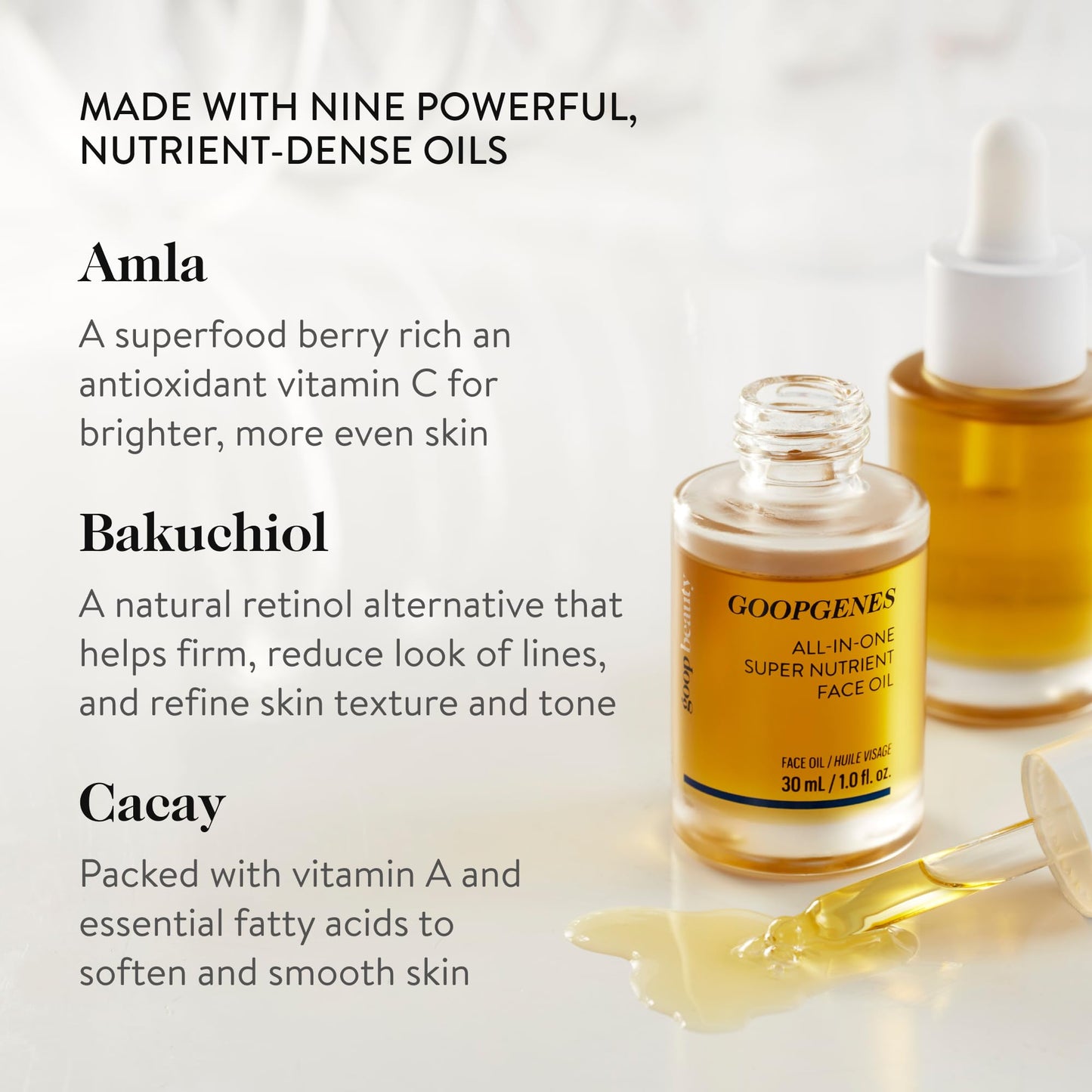 goop Beauty Nutrient Face Oil | Anti Aging Moisturizer for Smooth Skin Texture & Wrinkles | Bakuchiol, Cacay, & Organic Amla | 1 fl oz
