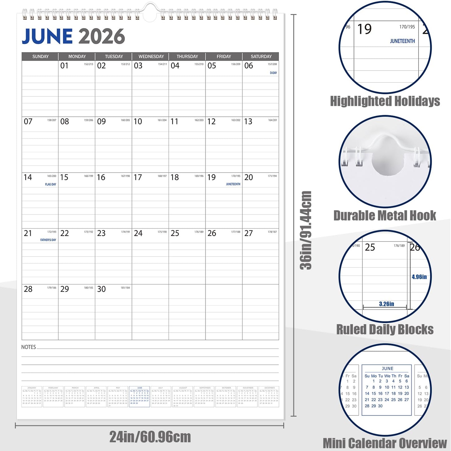 GuassLee Extra Large Wall Calendar 2026,Jumbo Vertical Wall Planner 2026-2027 from June 2026 to December 2027,19 Months with Julian Dates and Notes for Office School Home Teacher Planning,24"x 36"
