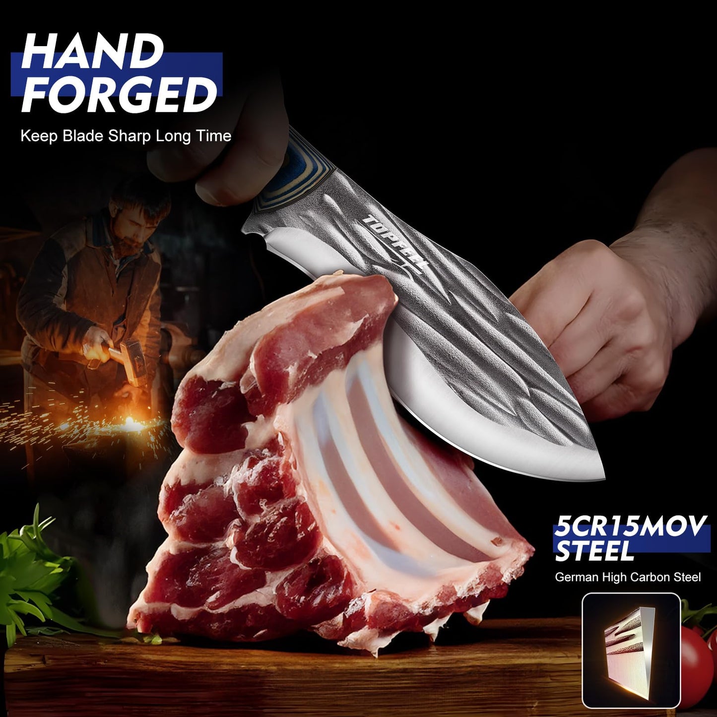 3PCS Butcher Knife Set for Meat Cutting， Hand Forged Professional Chef Knife Set Meat Cleaver Boning Knife for Home, Outdoor Cooking, Camping BBQ Gift Idea Men