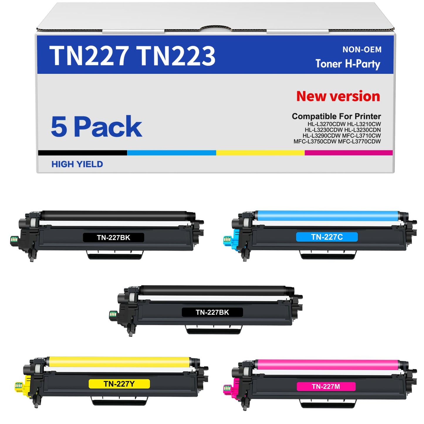 TN227 TN-227BK/C/M/Y High Yield Toner Cartridge: HL-L3290CDW Compatible Replacement for Brother TN-223BK/C/M/Y TN-227 TN223 TN 227 for HL-L3270CDW MFC-L3770CDW MFC-L3750CDW HL-L3210CW Printer 5 Pack