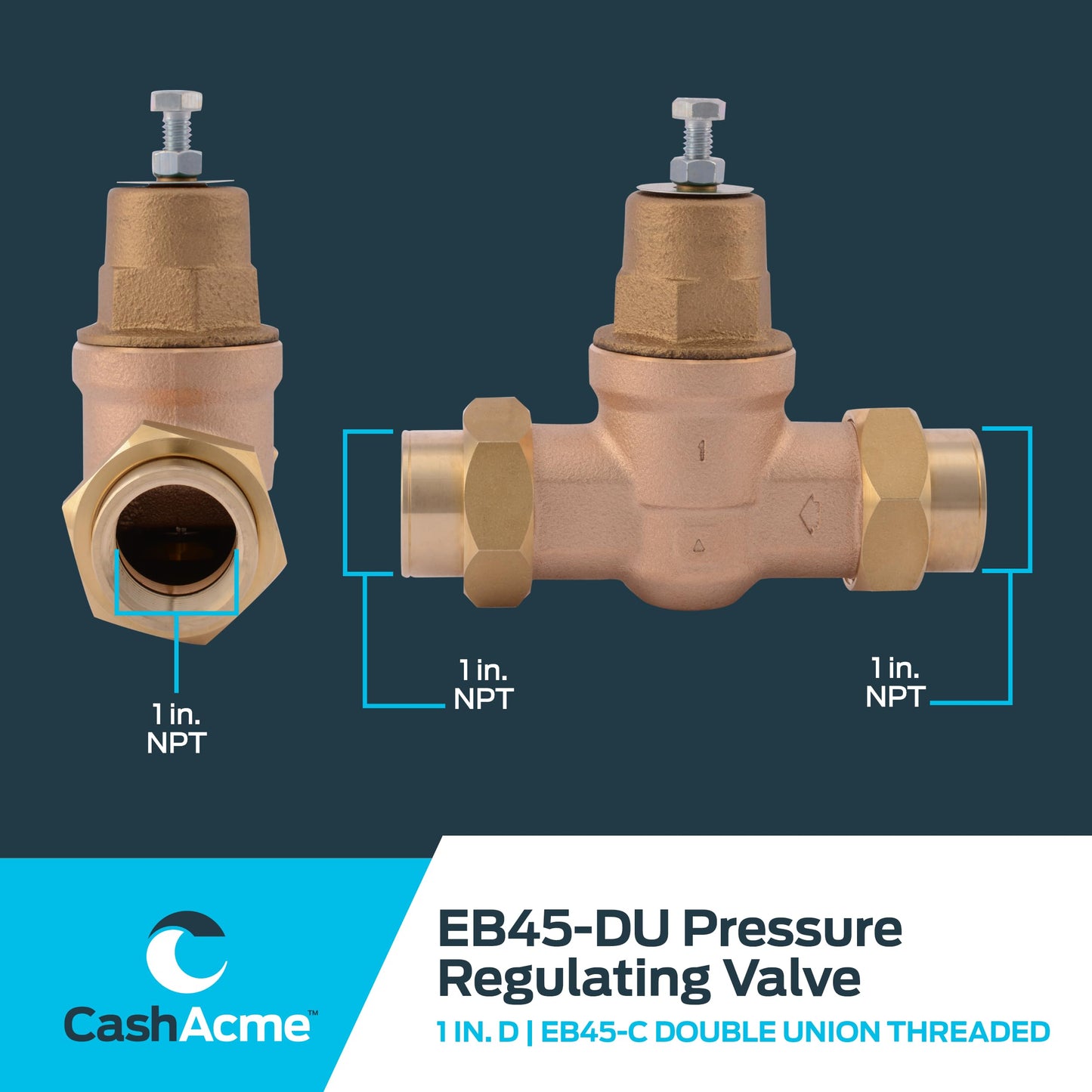 Cash Acme EB45 Pressure Regulating Valve, Double Union, 1 Inch NPT Female, Brass Top, 45 PSI, 23156-0045