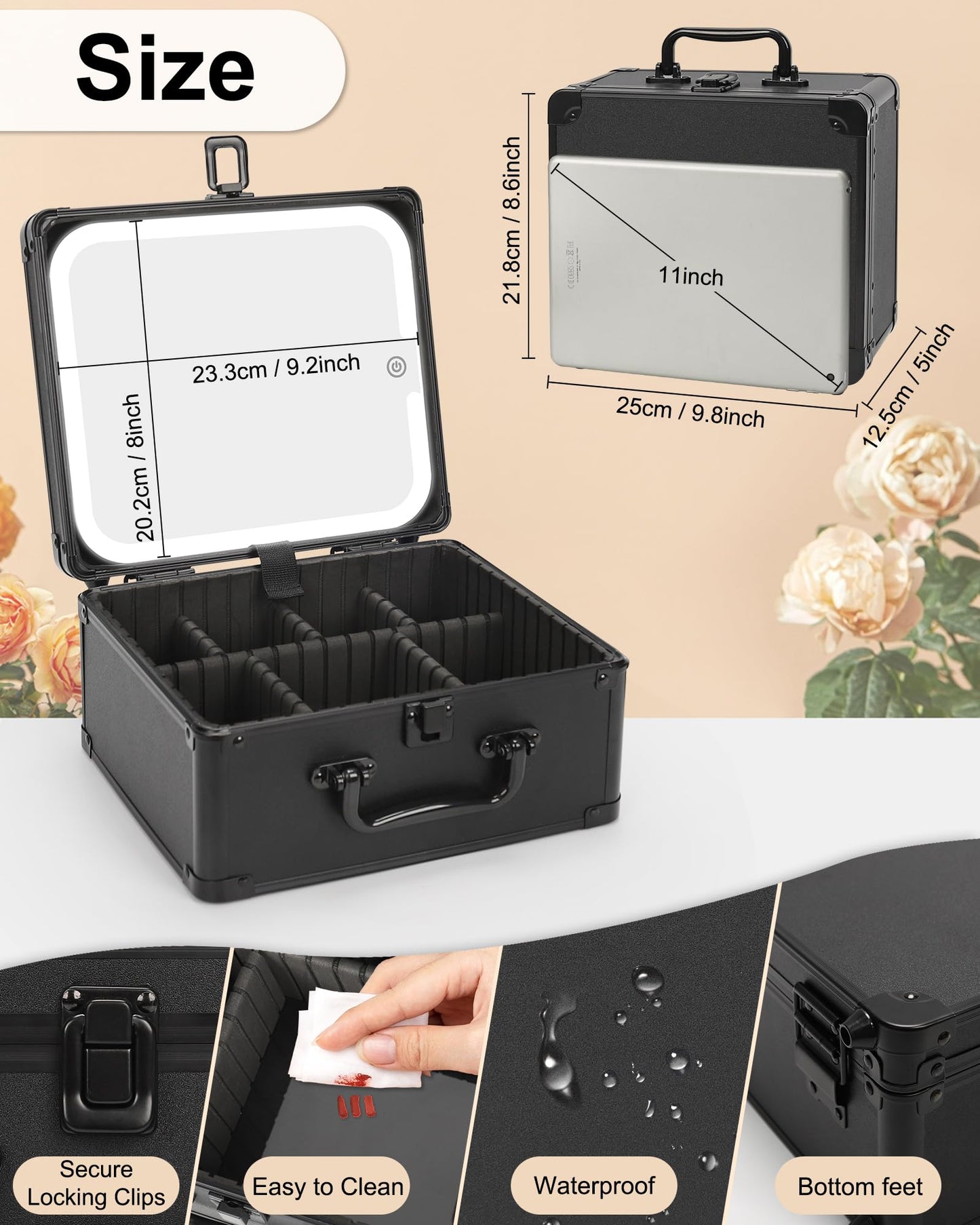 Makeup Box with LED Mirror, Waterproof Travel Train Case, Cosmetic Organizer Bag Portable Aluminum Cosmetic Bag with Adjustable Dividers and Detachable Mirror, Makeup Brush Holder Storage Black