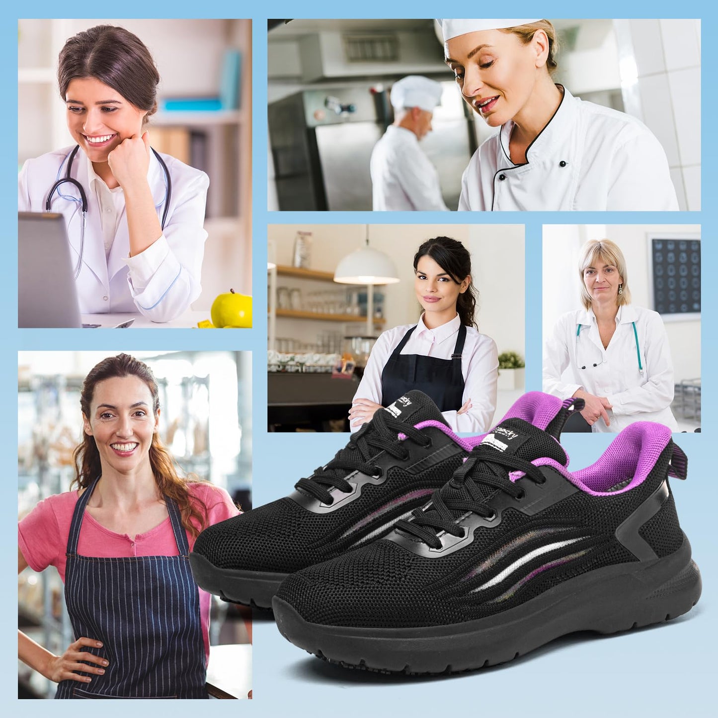 Treesky Non Slip Work Shoes for Women in Food Service - Slip Resistant, Comfortable & Lightweight Sneakers, Suitable for Restaurant, Kitchen & Nursing Crews (Black & Purple, Size 8)