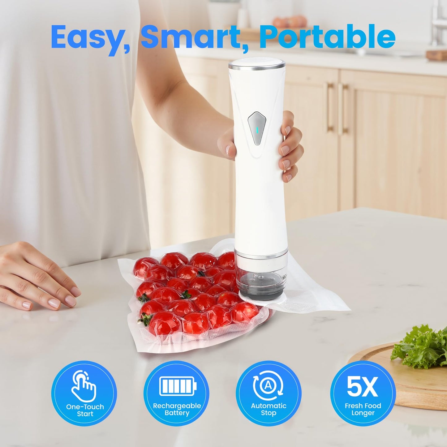 Gikxki Vacuum Sealer for Food with Visible Tank, Handheld Vacuum Sealer Machine with 30 Reusable Bags for 5X Longer Freshness, Wireless & Portable, White