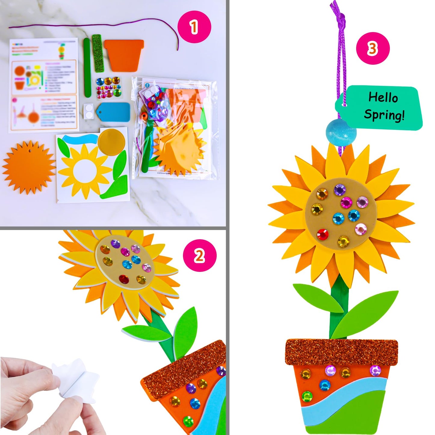 Winlyn 24 Sets Spring Potted Flower Craft Kits Kids Crafts DIY Potted Flower Ornaments Decorations Art Set Spring Flower Tulip Sunflower Stickers for Home Classroom Activities Party Favors