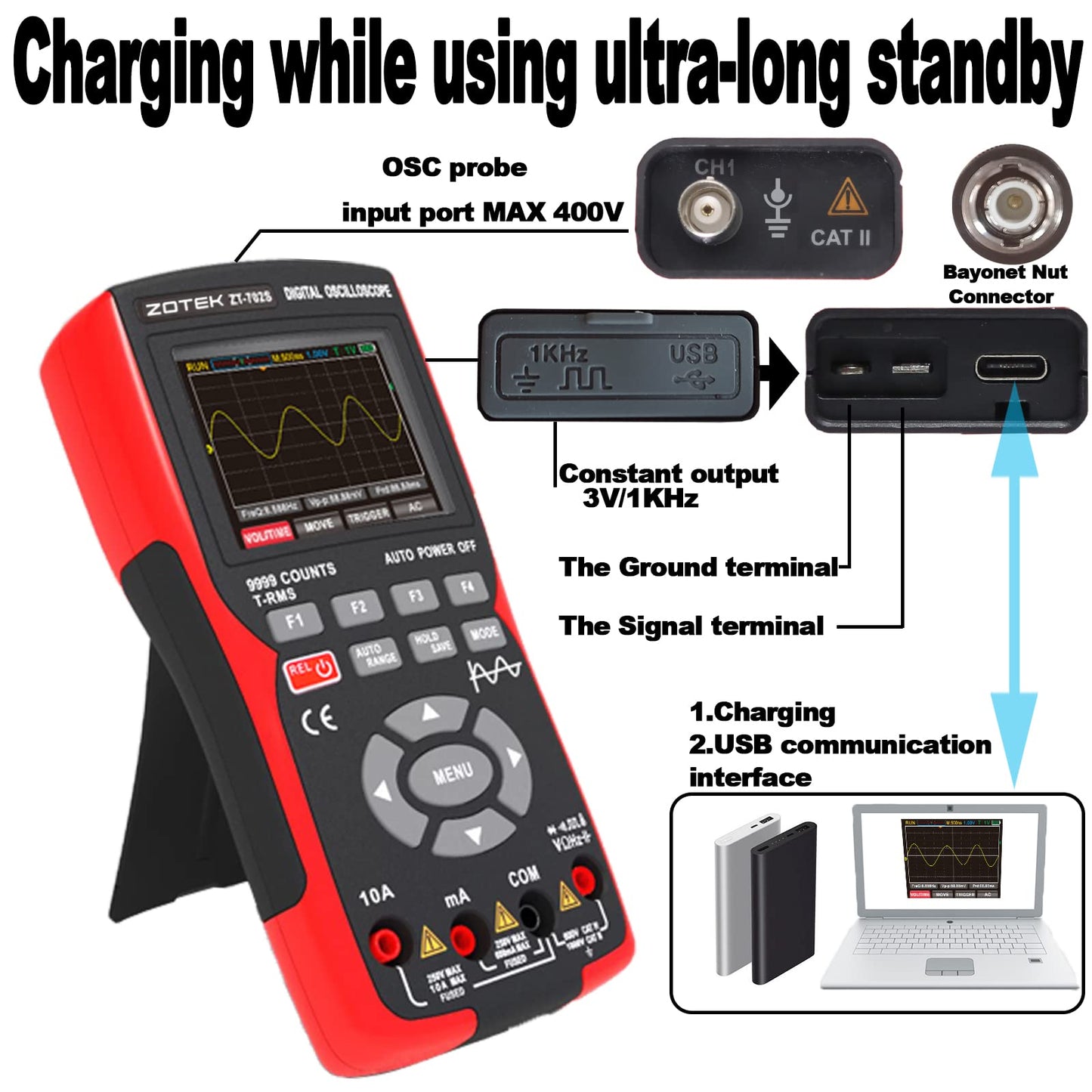 ZOTEK ZT-702S 2-in-1 Oscilloscope Multimeter with 2.8 Inch IPS Display,9999 Counts, Single Channel 10MHZ Bandwidth,48MSa/s High Real-time Sampling Rate,±400V Input Voltage,Measures Ohm-Volt-Tester