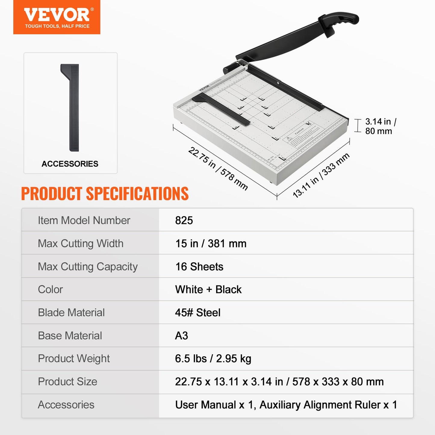 VEVOR Paper Cutter, Guillotine Trimmer, 15" Cut Length, 16 Sheets Capacity, Heavy Duty Guillotine Paper Cutter with Guard Rail/Blade Lock, Paper Trimmer for Home Office School