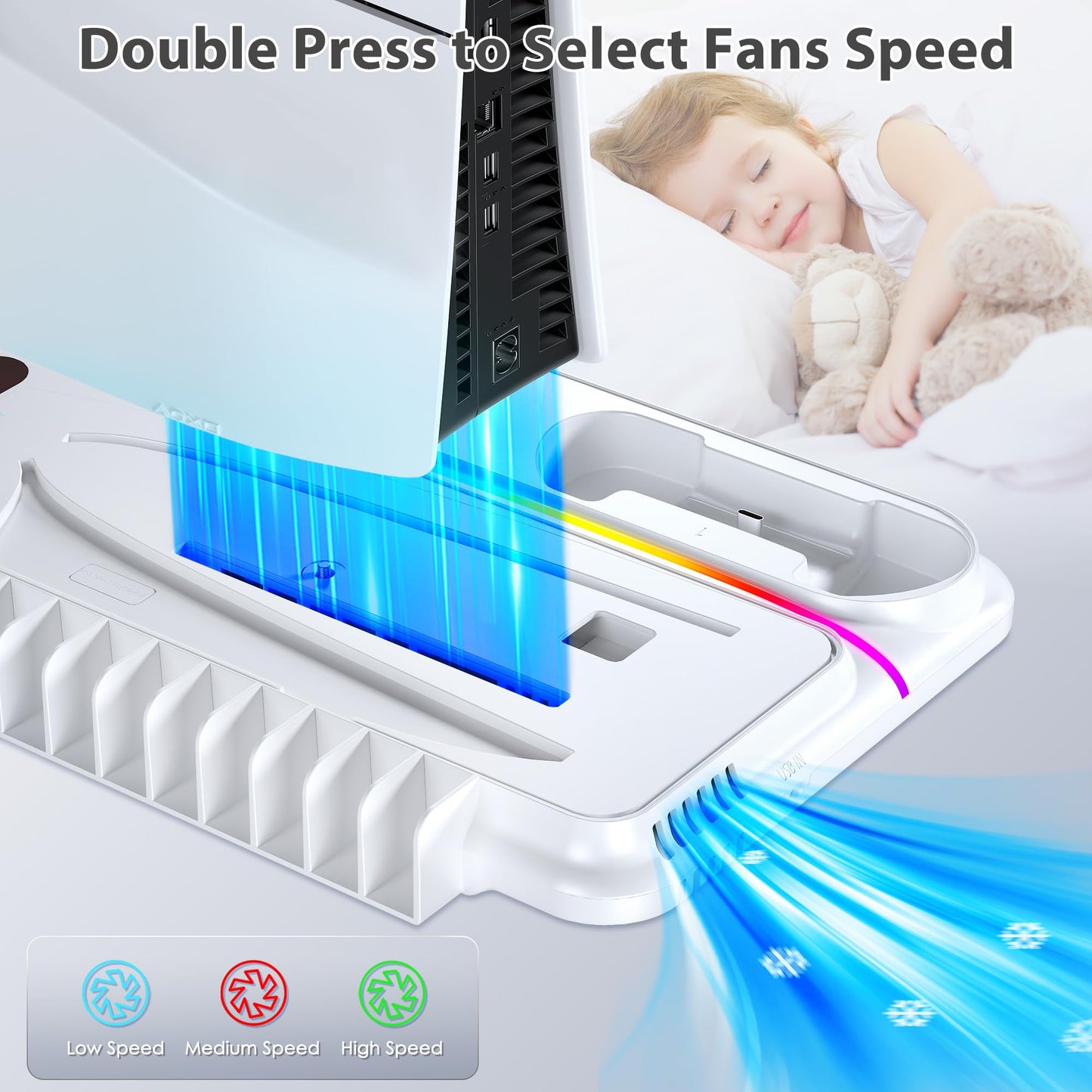 PS5 Cooling Station for PS5/PS5 Slim Disc Digital Console, PS5 Cooling Stand PS5 Slim Cooling Station, PS5 Stand PS5 Accessories with PS5 Controller Charger, 3 Level Fan, 12 Game Slots, RGB Lights