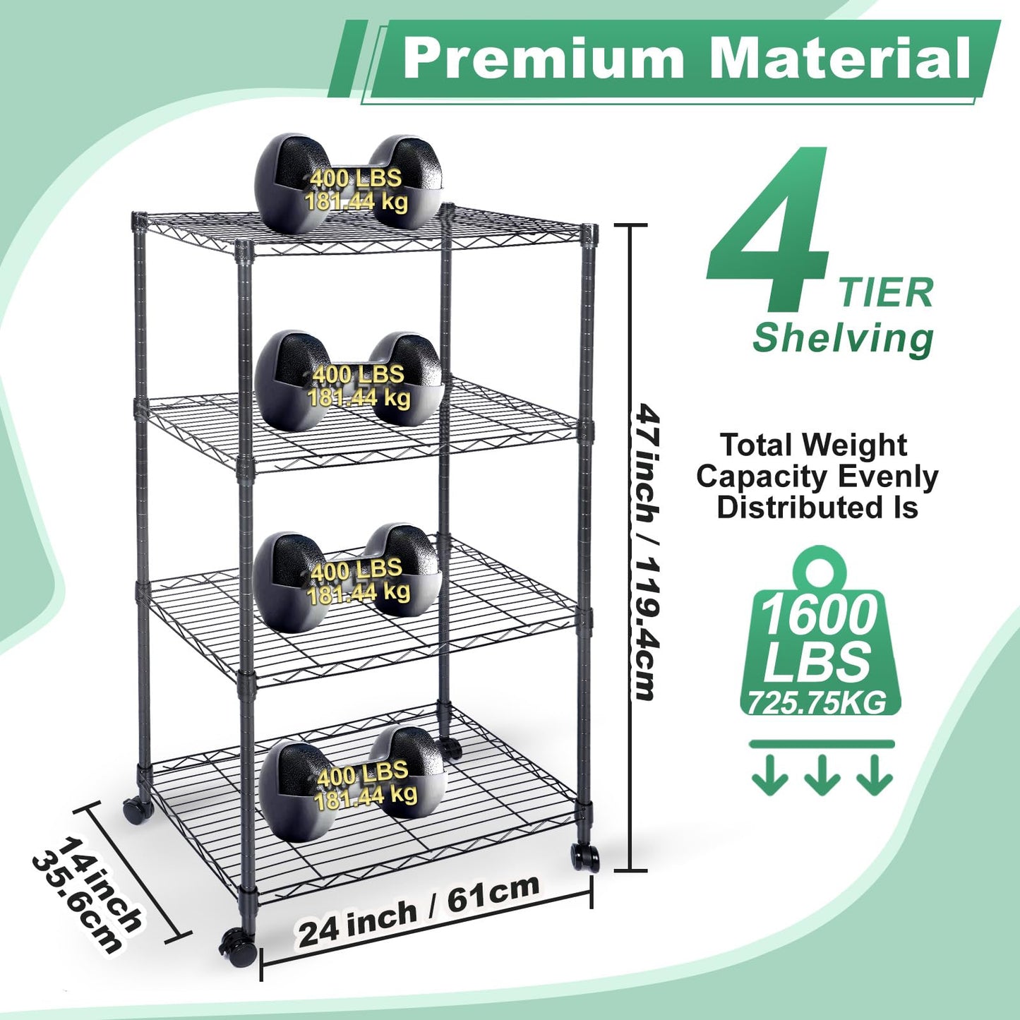 Whitmor 4 Tier Shelving Unit, Adjustable Storage Shelves with Wheels, Wire Shelving, 400 lbs Capacity per Shelf, Max 1600 lbs Total for Laundry, Kitchen, Garage, 24" L x 14" W x 47" H, Black