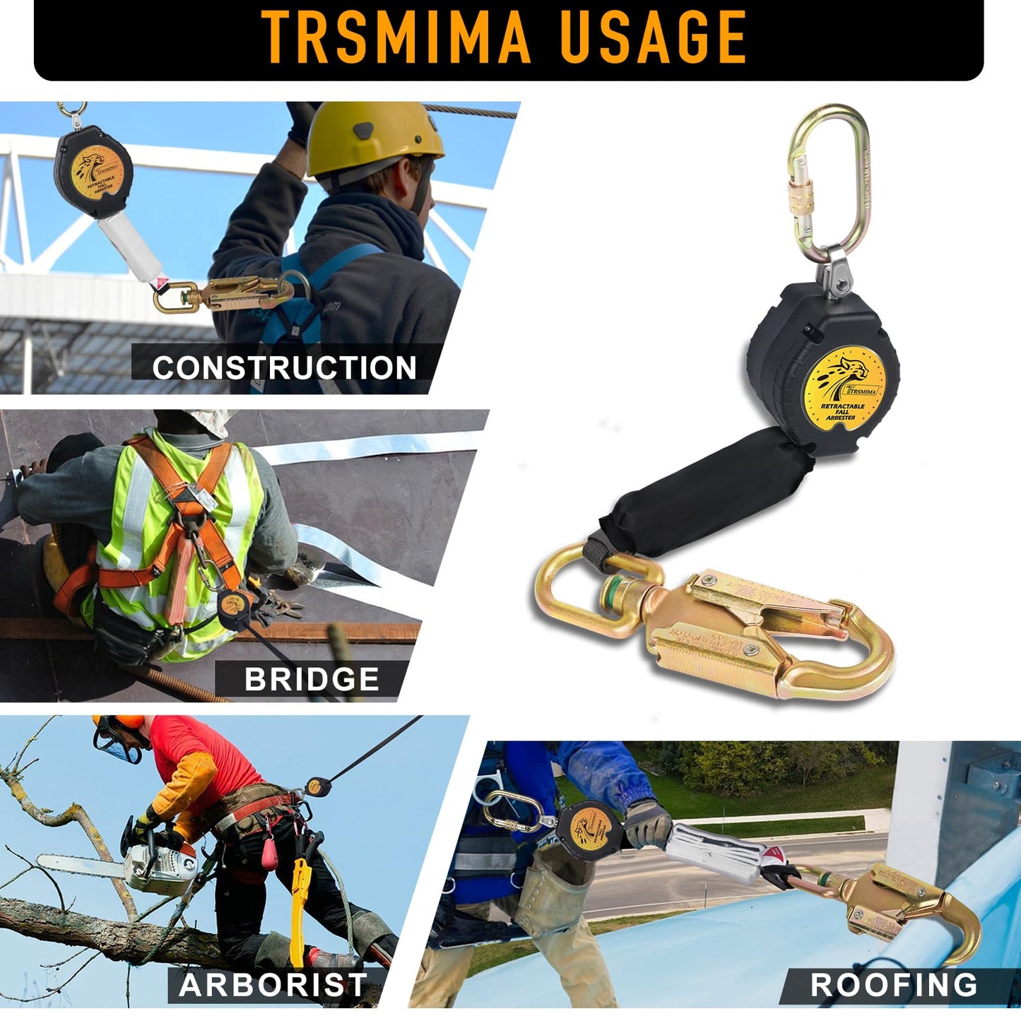 TRSMIMA Fall Protection Retractable Lanyard - 6FT Construction Self-Retracting Lanyard Fall Arrest Safety Roofing Heavy Duty Leading Positioning ANSI OSHA Class B